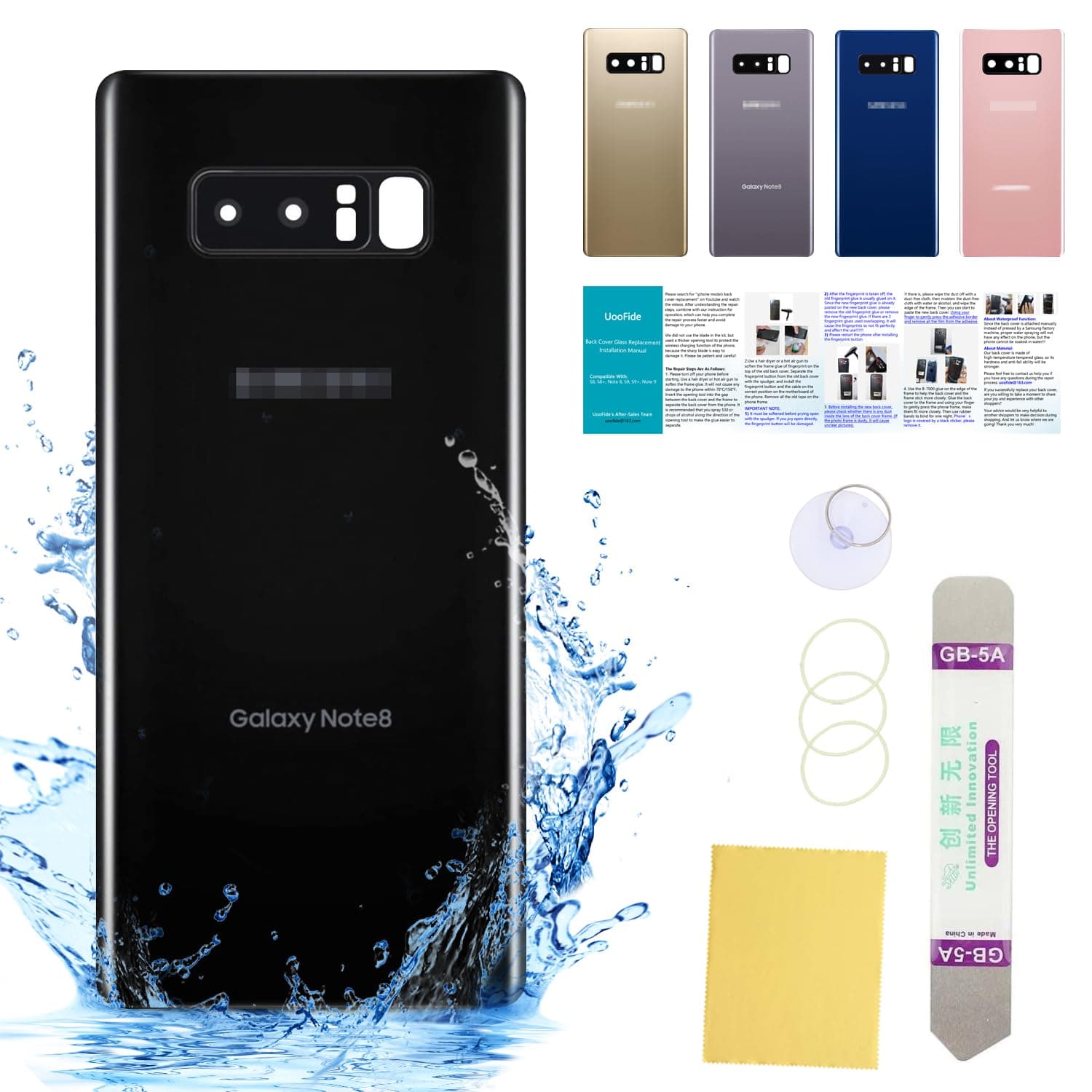Compatible for Samsung Galaxy Note 8 Back Cover Glass Replacement 6.3-Inches SM-N950 All Carriers with Installation Manual + Repair Tool Kit (Black)