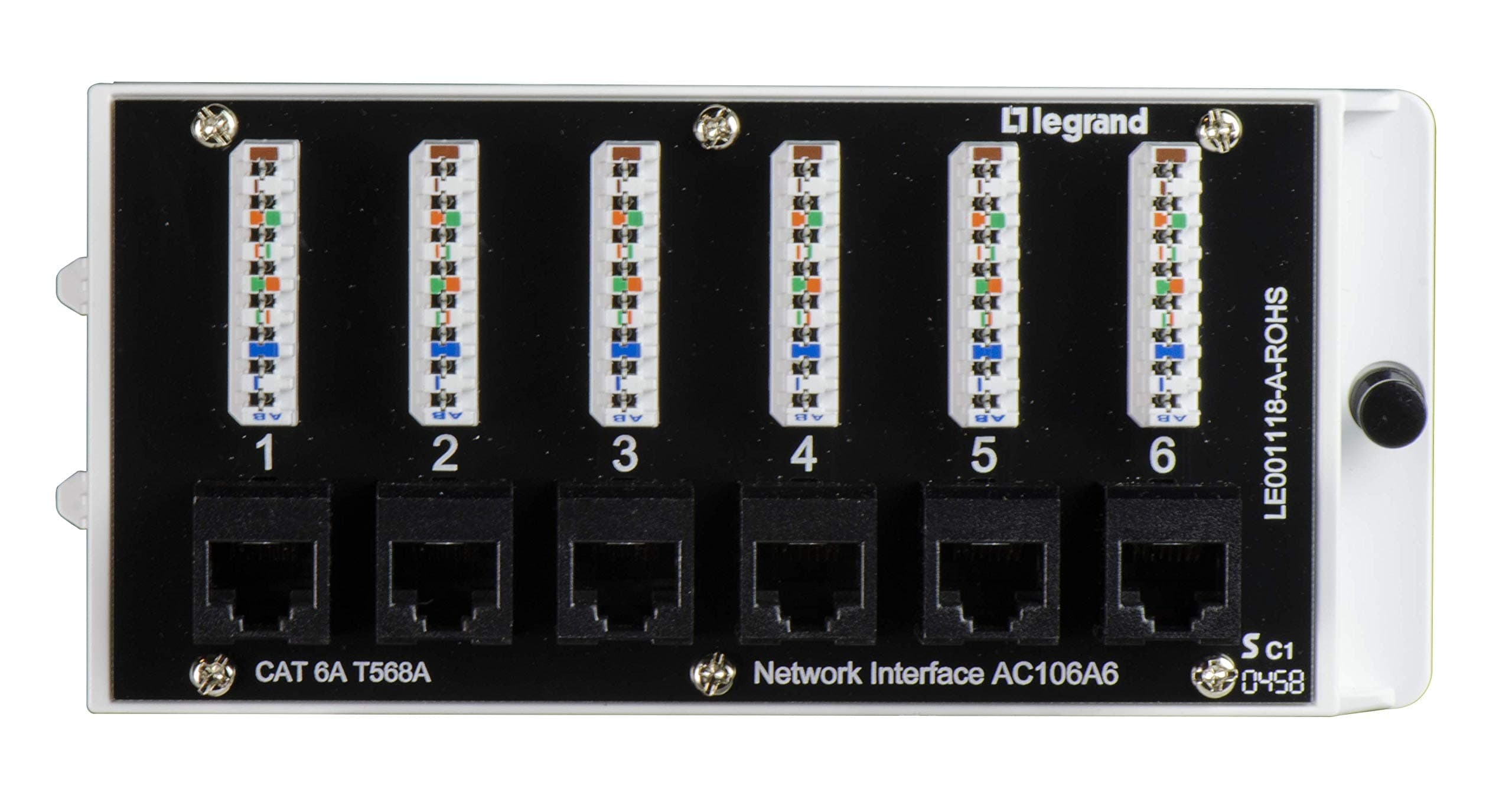 Legrand - OnQ Home Theater Patch Panel, 6 Port Interface Module, Cat 6A Network Patch Panel for Wired Ethernet Connection, Black, AC106A6