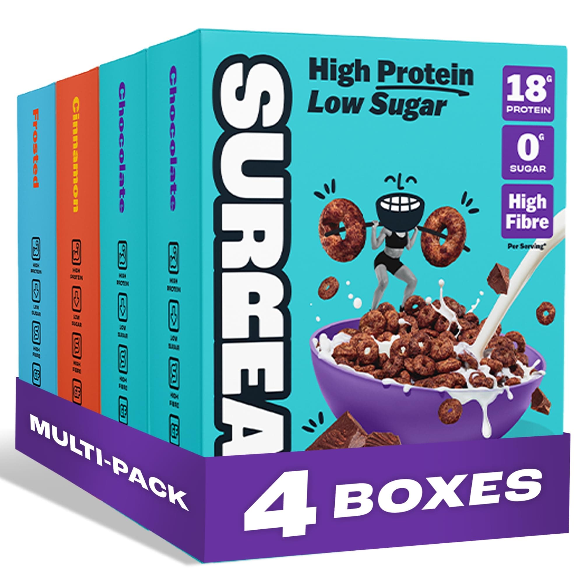 Surreal Mixed Pack - High Protein Cereal - Zero Sugar - High in Fibre - Low Carb - Gluten Free - Vegan - 17g of Protein, 0g of Sugar - 240g per Box - 4 Pack (2x Chocolate 1x Cinnamon 1x Frosted)