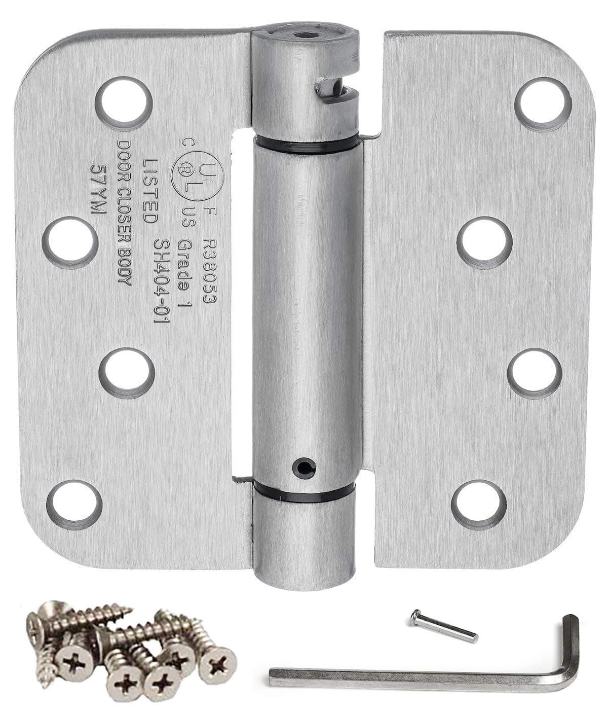 Dynasty Hardware Door Hinges, 4-Inch Spring Loaded Self Closing Hinges with 5/8" Radius Corners, Heavy Duty for Interior or Exterior Doors, Quiet Auto Close Action, 2-Pack, Satin Nickel Finish