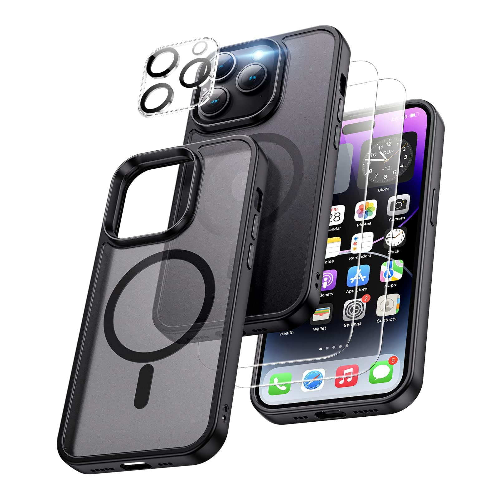 XINKAE4 in1 Case for iPhone 14 Pro with Charging Circle, iPhone 14 Pro Phone Case Compatible with Magsafe, Military-Grade Protective Cover Shockproof Magnetic Apple Cases. Translucent Matte Black