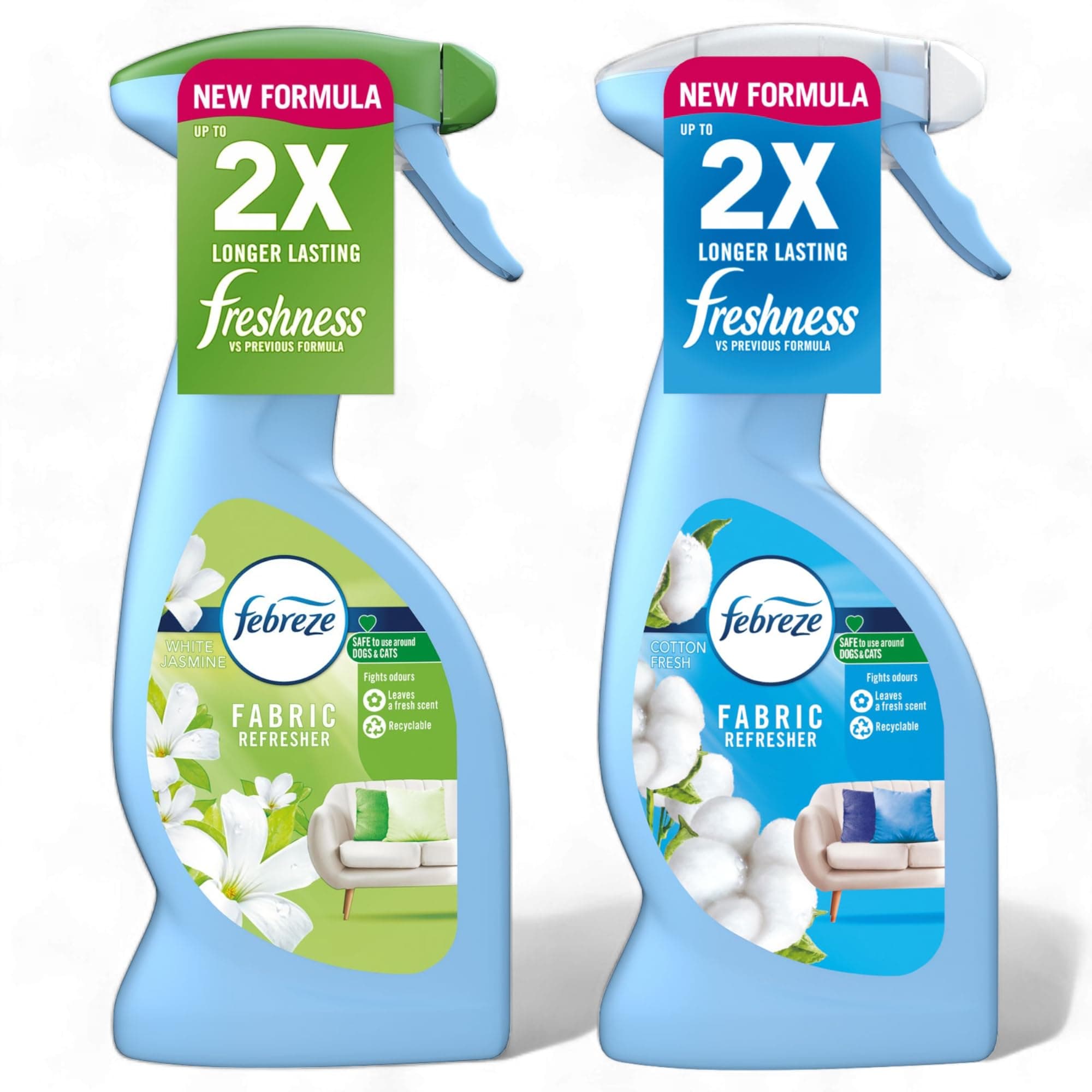 Febreze Fabric Refresher bundle, Water-Based Formula Fabric Spray, Laundry Scent Boosters - 1 x White Jasmin, 1 x Cotton Scents 375ml - Pack of 2 - Fabric Air Freshener