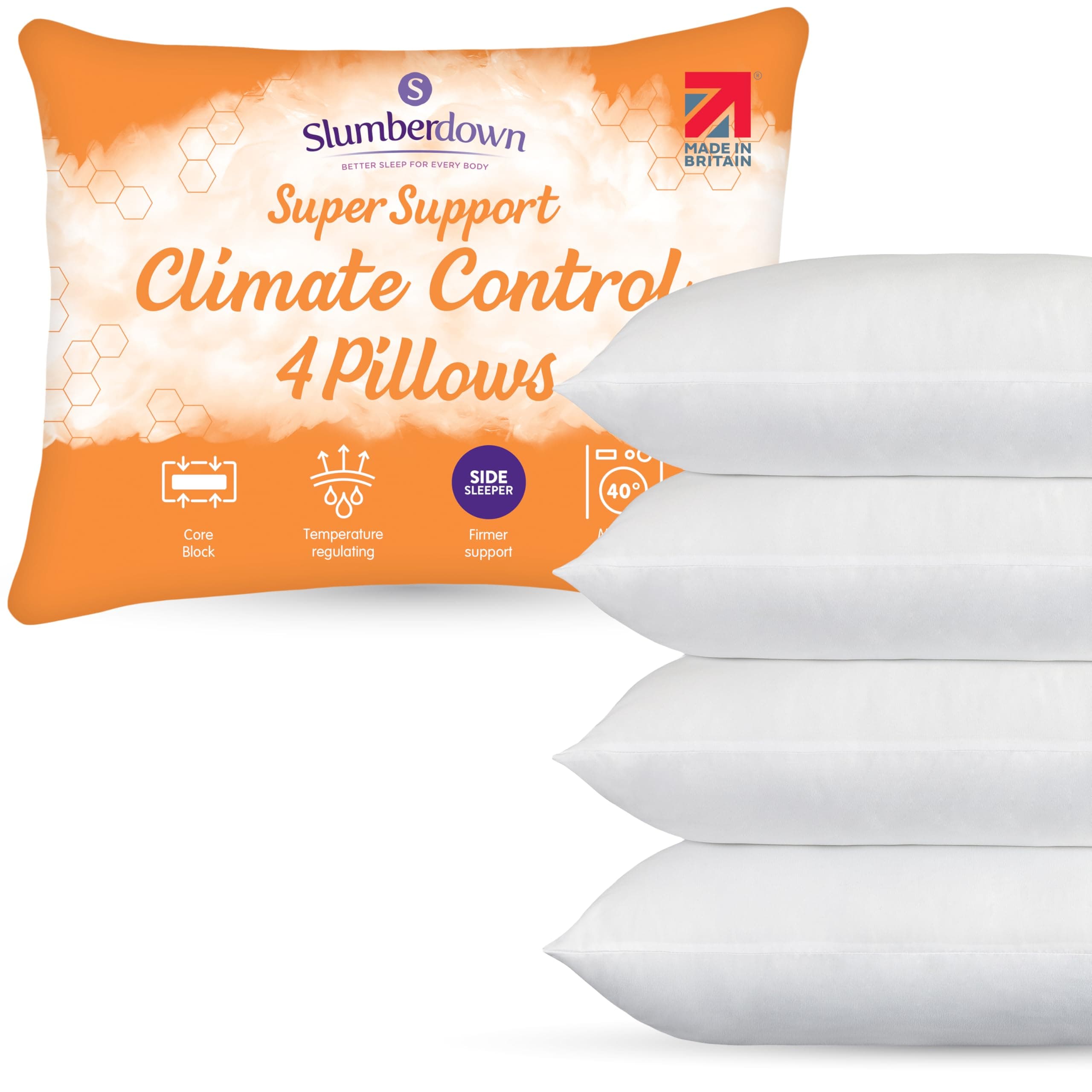 Slumberdown Climate Control Pillows 4 Pack - Super Support Climate-Adaptive Pillow for Side & Hot Sleepers, Core Foam Block | UK-Made, Non-Allergenic, Washable (48 x 74cm)