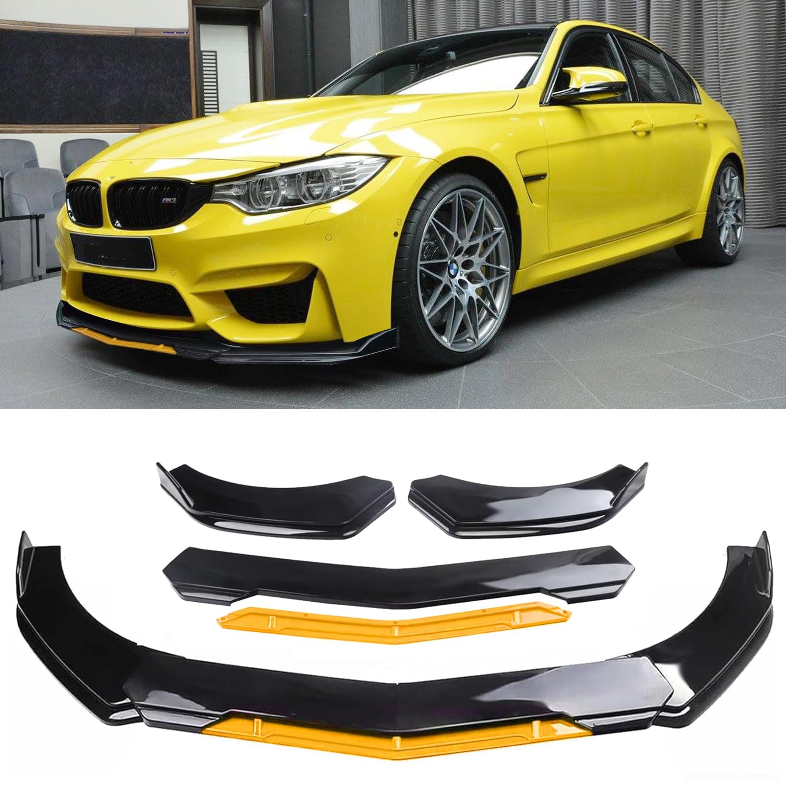 Universal Front Lip for Car,Glossy Black Front Bumper Lip, ABS Adjustable Sharp Corner Front Bumper Lip Splitter Protector Replacement for Most Vehicle (Glossy Black w/Yellow)