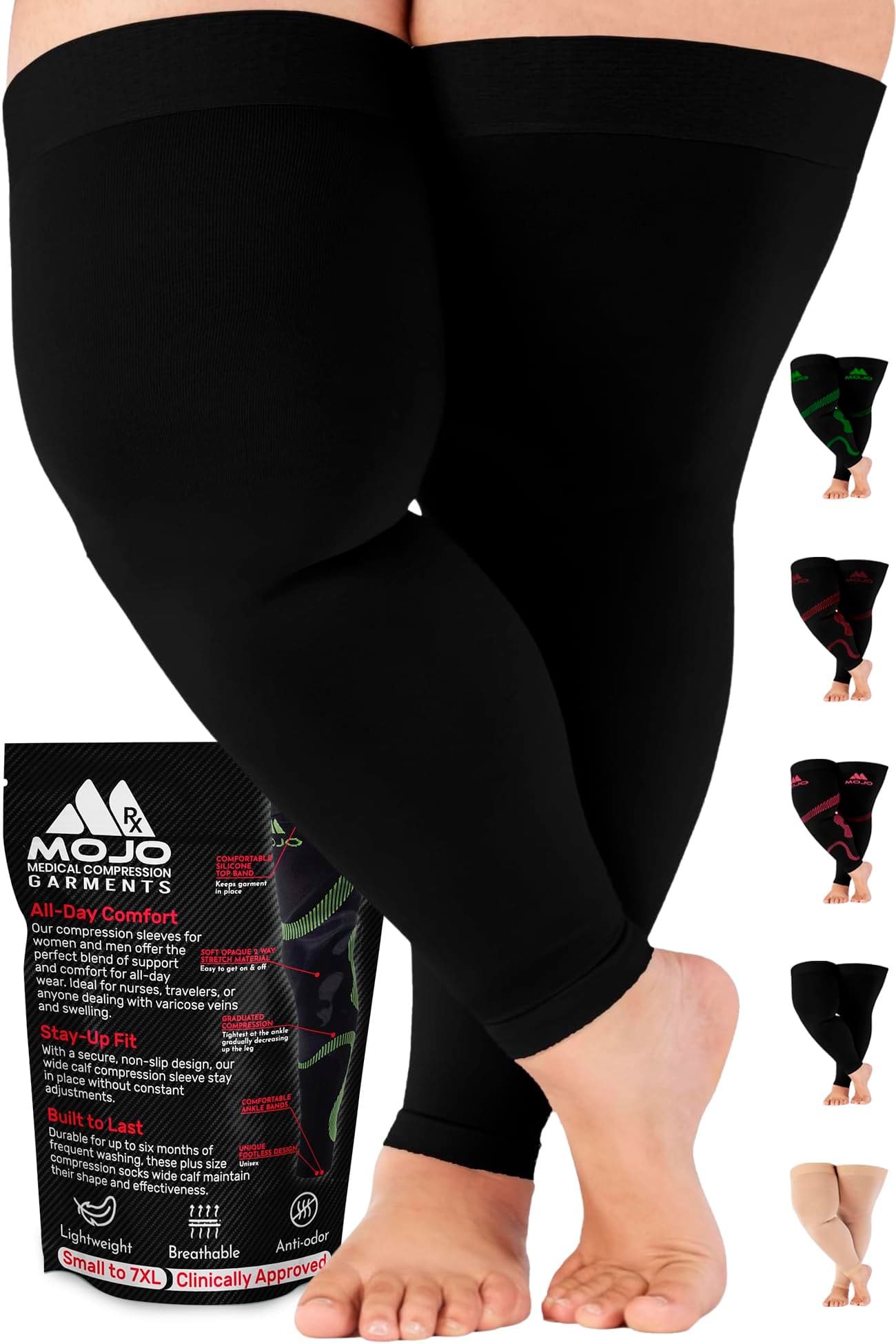 Mojo Compression Socks - 20-30mmHg Graduated Support Thigh-Hi Leg Sleeves with Grip Top - 10 Sizes, 5 Colors - Reduces Swelling, Ideal for Varicose Veins, Lymphedema, DVT Treatment - 1 Pair