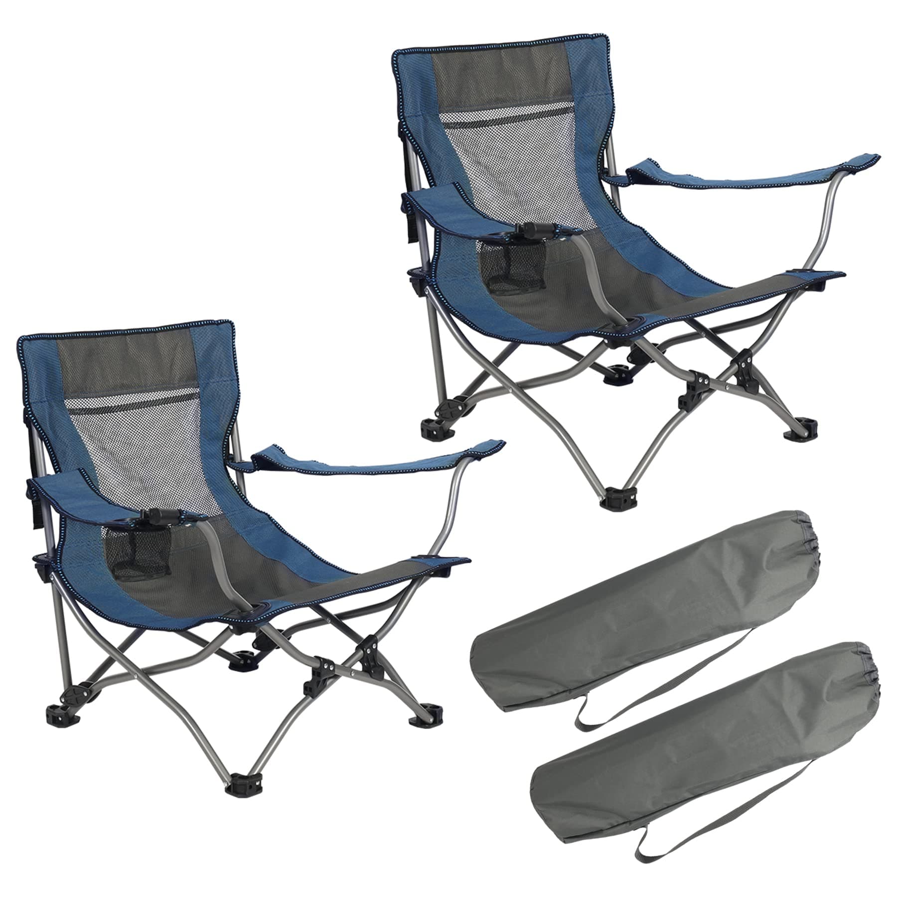 REDCAMP Low Beach Chair with Adjustable Backrest and Armrest, Lightweight Folding Camping Chair with Cup for Outdoor Lawn Picnic Travel BBQ, 2 Packs