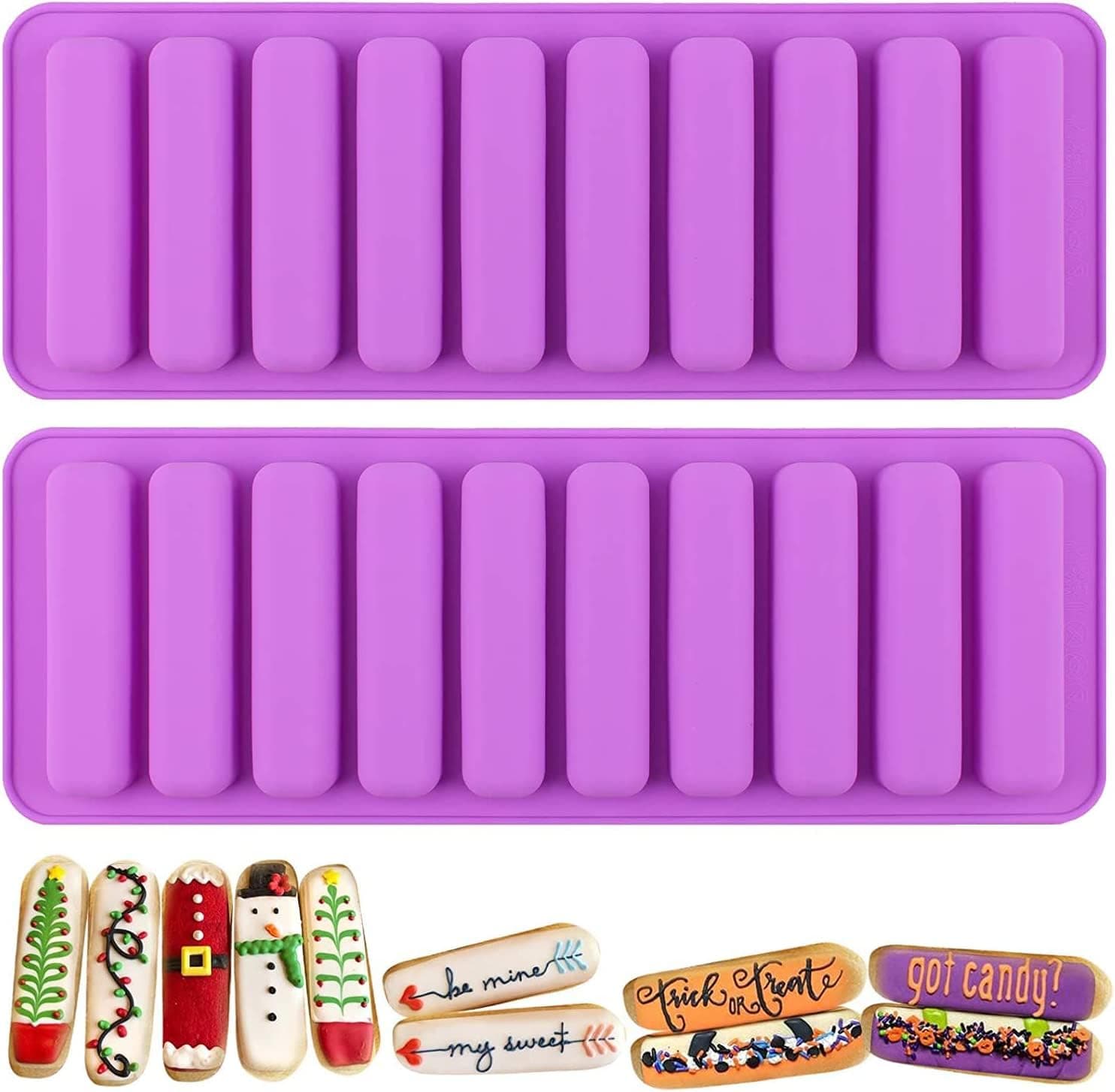 Long Strips Silicone Mold Finger Shaped Cookie Molds 2 PCS-10 Cavity Chocolate Rectangular Cereal Bar Molds Ice Cube Tray Jelly Cake Candy Baking Tools
