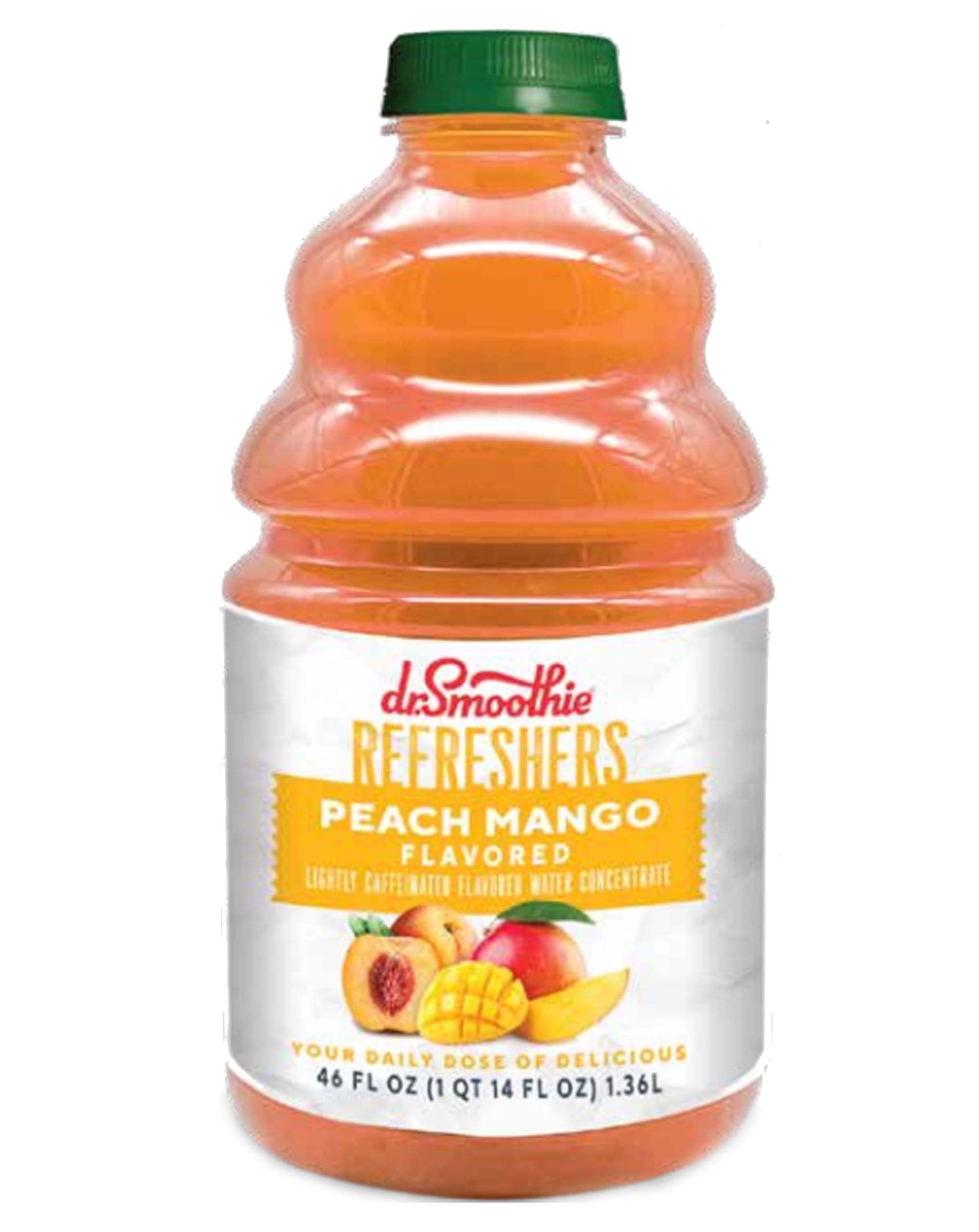 Dr. Smoothie Refreshers Peach Mango – Made with Real Fruit Juice – Drink Concentrate, No Artificial Colors, Shelf-Stable – Lightly Caffeinated with Green Coffee Extract (46 oz Bottle)