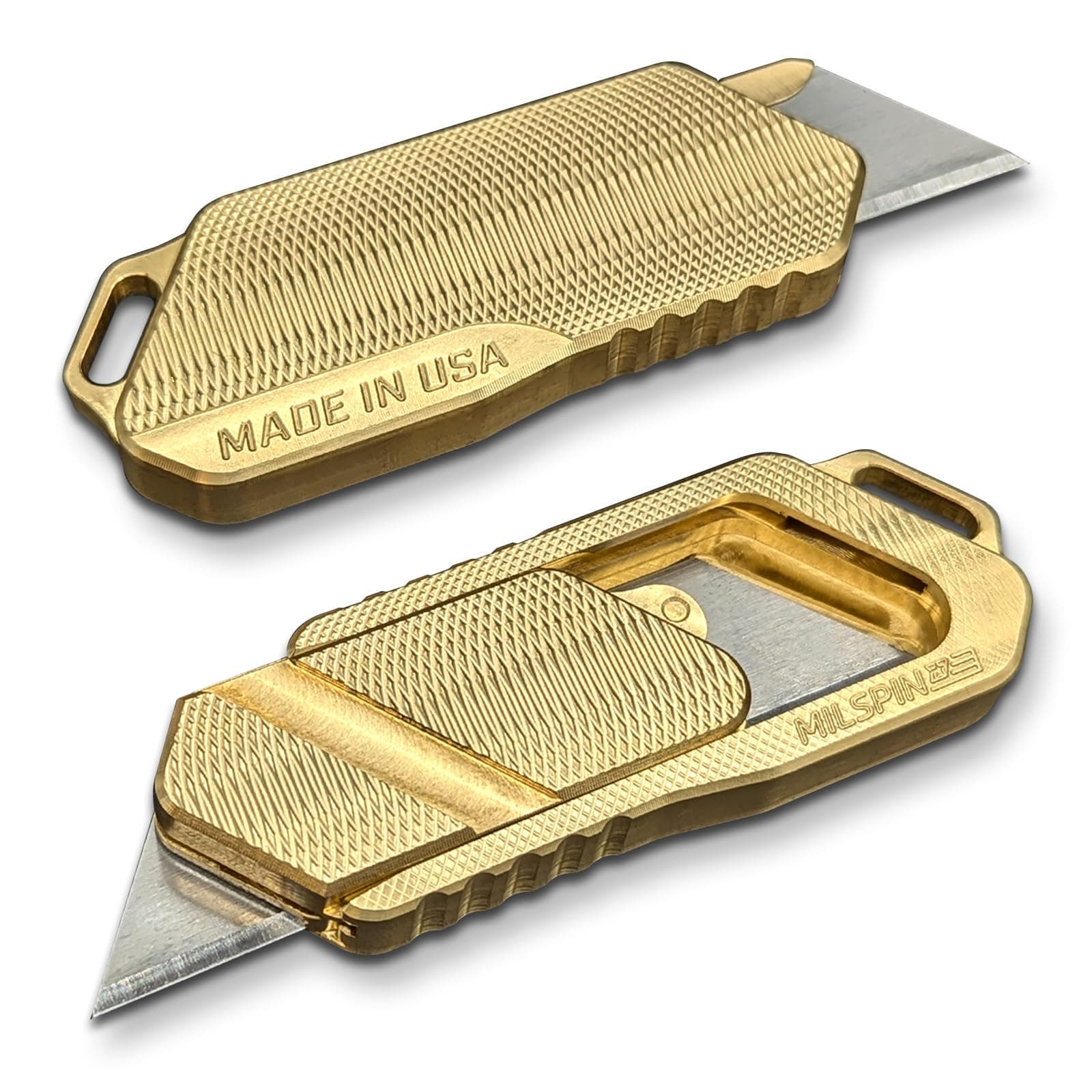 Milspin Magnus Utility Knife | Box Cutter | EDC Utility Blade | Utility Knives | Retractable Razor Blade | EDC | Veteran Made in the USA (Brass (2.0))
