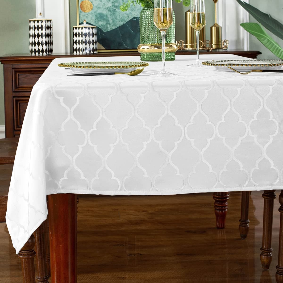 SASTYBALEJacquard Tablecloth Flower Patterns Polyester Table Cloth Spill Proof Wrinkle Resistant Table Cover for Kitchen Dining Tabletop (White, Rectangle/Oblong, 60" x 102" (8-10 Seats))