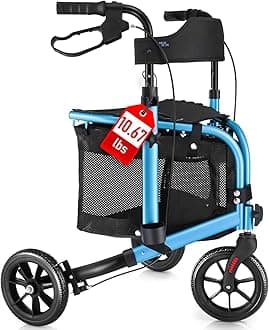3 Wheel Rollator Walker with Seat for Slim Seniors, Padded Backrest Lightweight Foldable Travel Walker Ideal for Elderly, 8 Inch Tri-Wheel Modern Mobility Walking Aid Aluminum, Blue