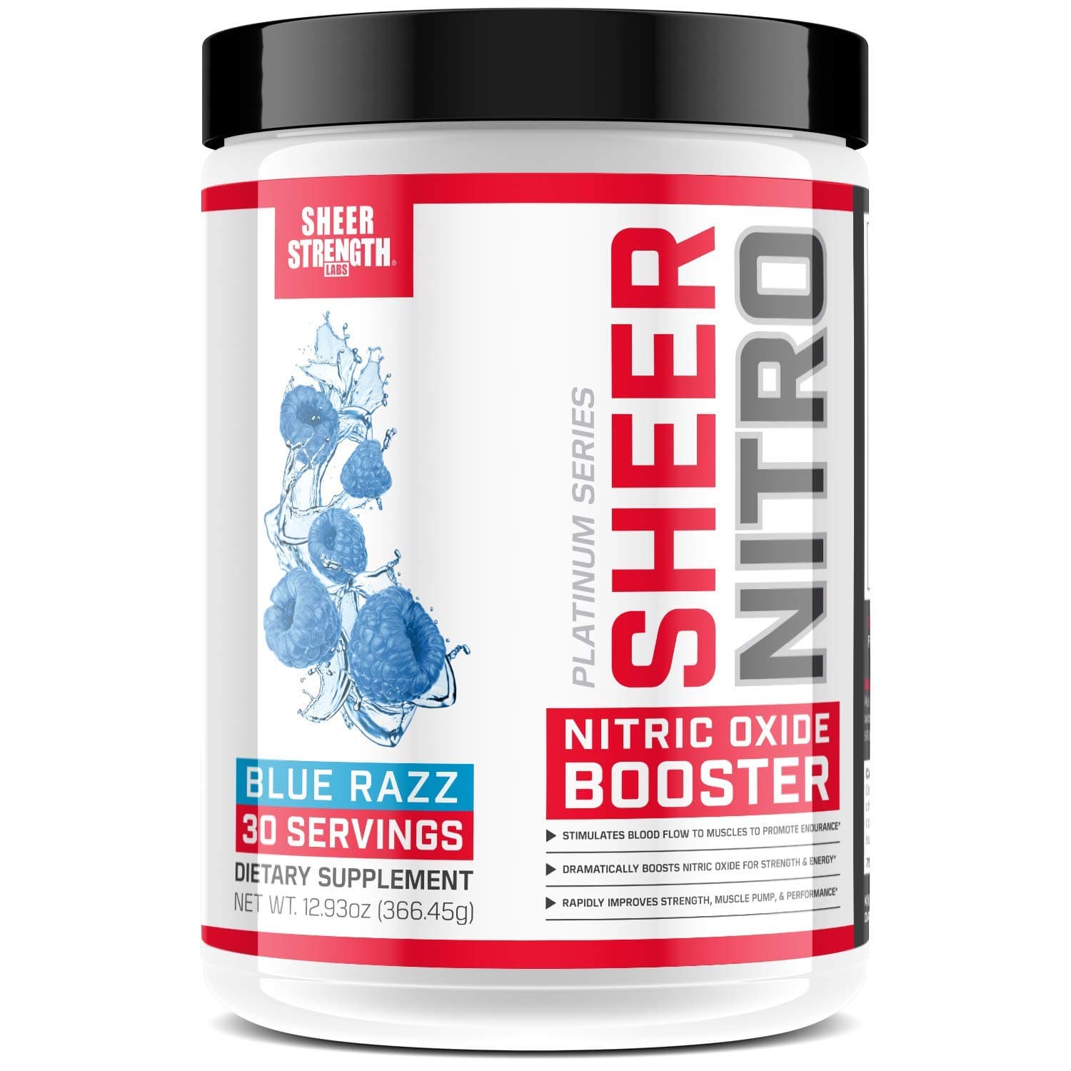 Caffeine Free Premium Nitric Oxide Boosting Pre Workout - Non-GMO - 30 Tingle-Free Preworkout Powder Servings for Men & Women - Blue Raspberry - Sheer Strength Labs - 349g - Packaging May Vary