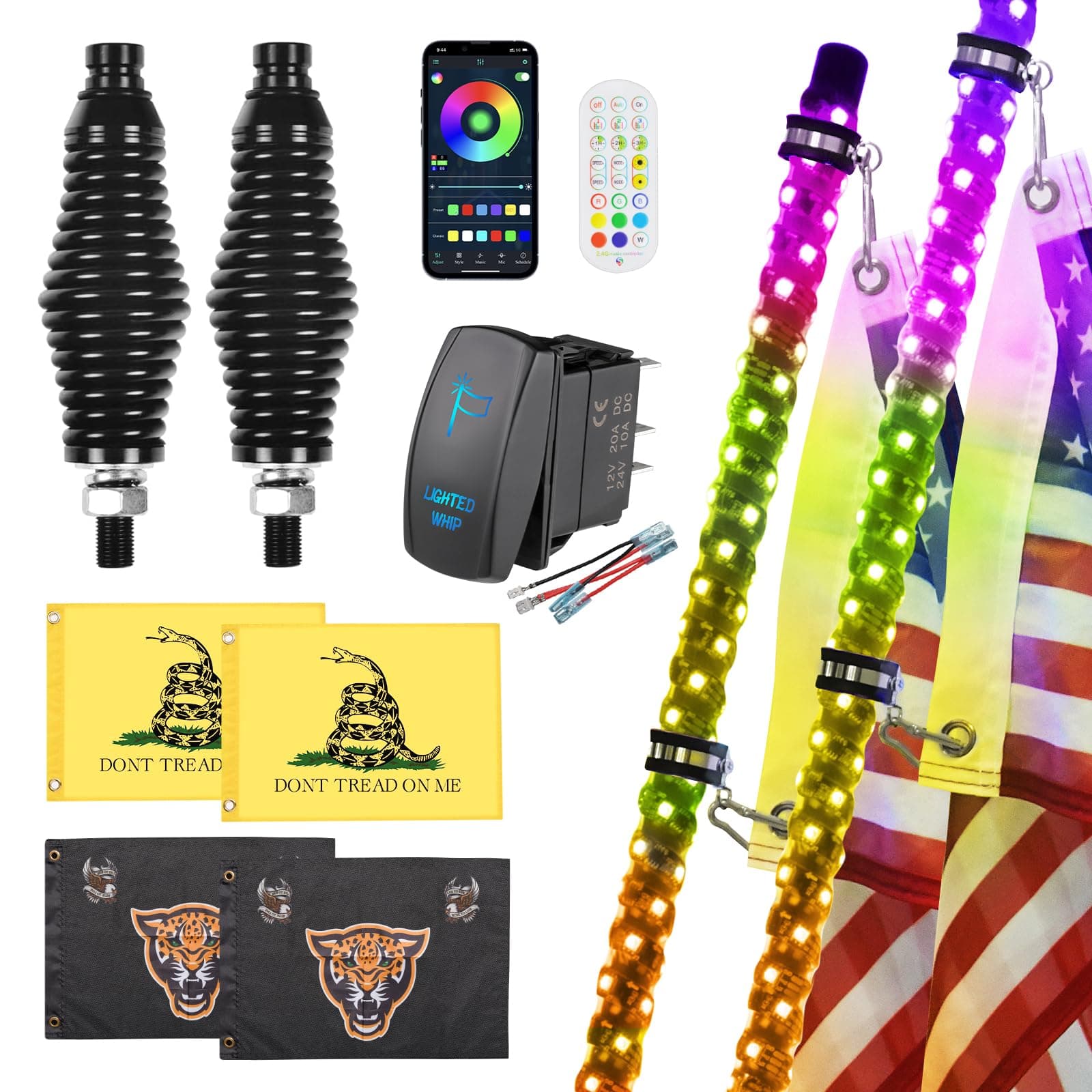 Ehaho 2 Pack 5FT Whip Lights with Spring Base,LED Whip Light with App & Remote Control, Spiral RGB Chasing Lighted Whips with Rocker Switch, Music Whip Light for UTV ATV Polaris RZR Can-Am SXS Truck