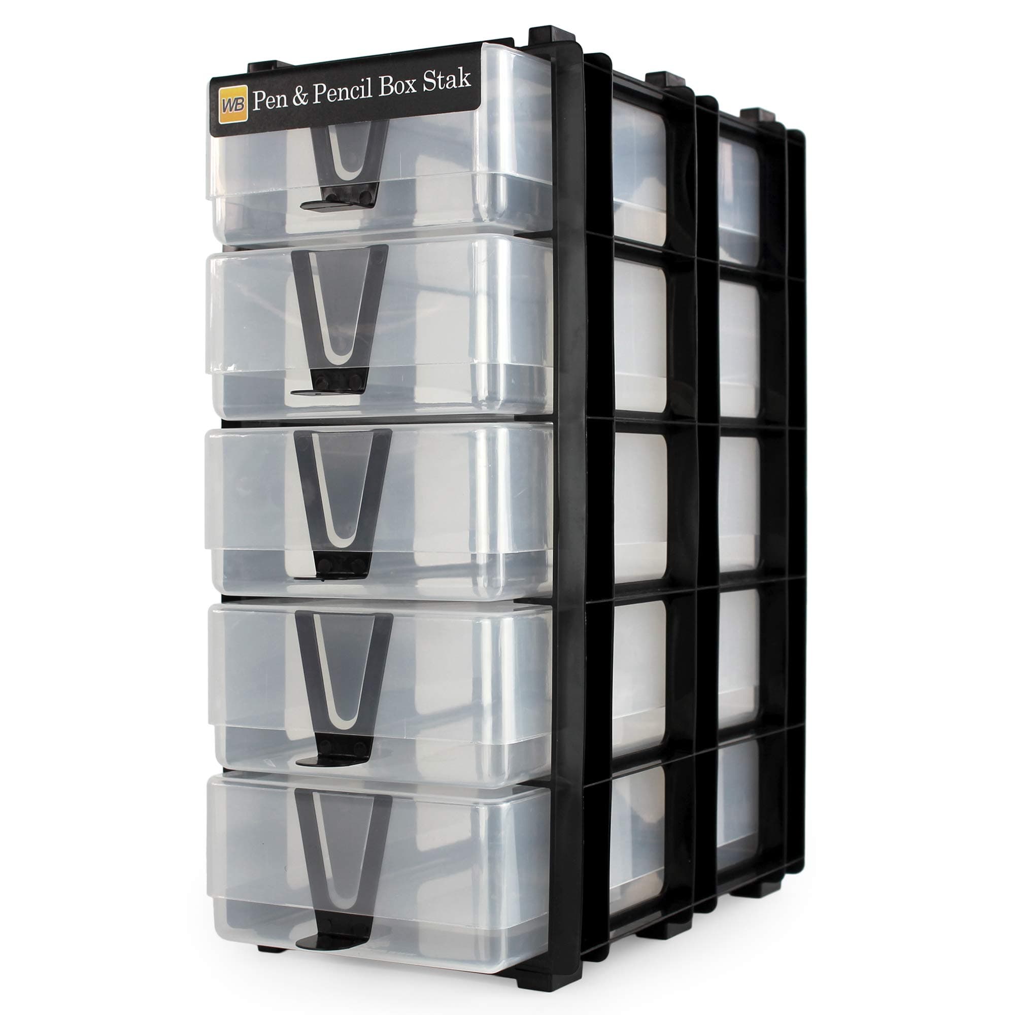 WestonBoxes Box Stak Storage Unit Including 5 Pen & Pencil Storage Boxes for Stationery and Office Supplies (Transparent, Pack of 1)