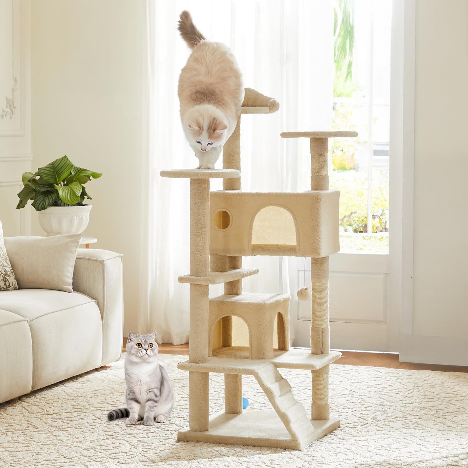 DUMOS 54-inch Indoor Cat Tree Tower –Multi-Level Pet House for Large Cats with 2 Condos, Scratching Posts, Round Platform, Small Ladder, and Toys, Beige