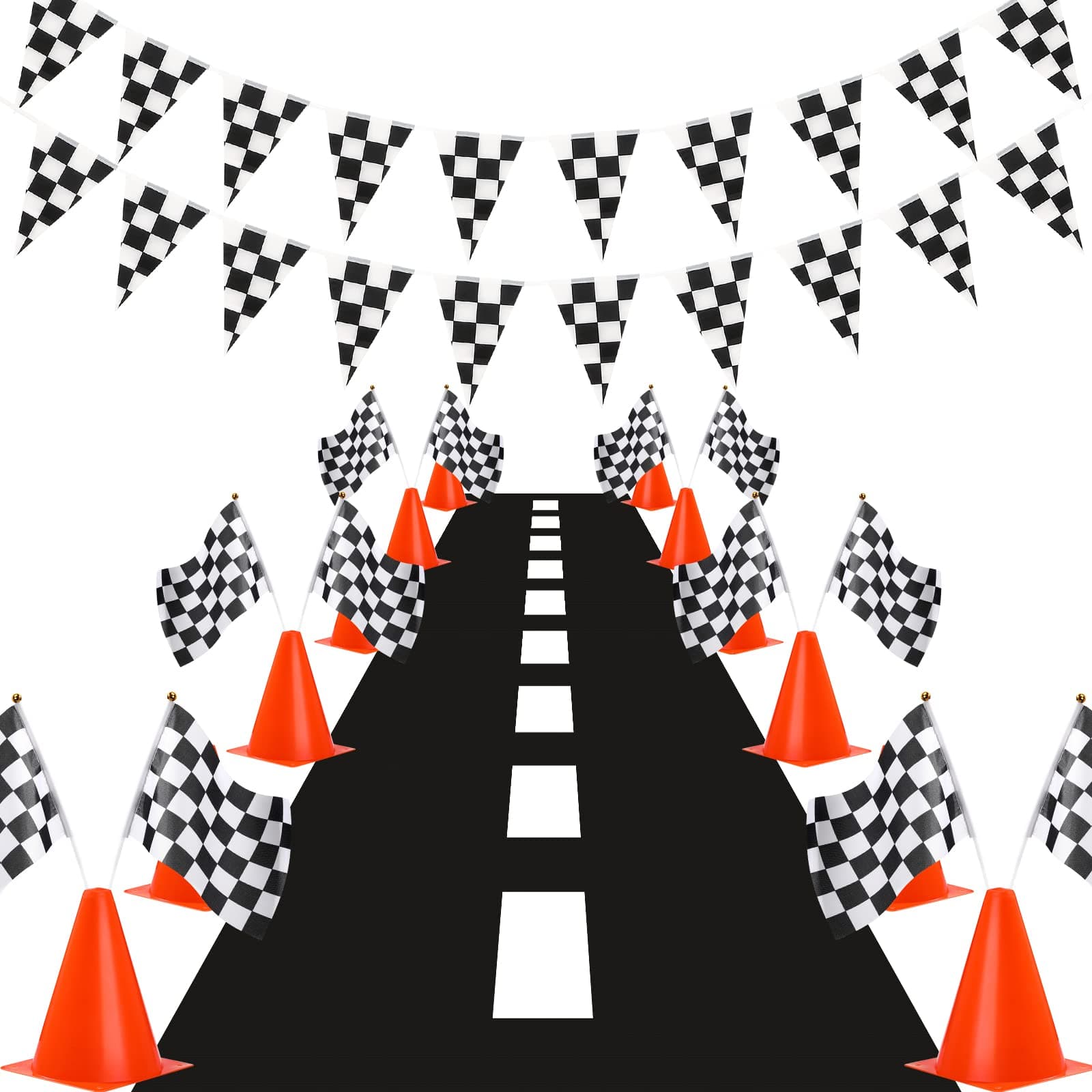 Skylety Traffic Cones and Racing Checkered Flags Set-include 12 Plastic Traffic Cones,12 Flags with Sticks,31 ft Checkered Pennant Banner and 9.8 x 2 ft Racetrack Floor Running Mat