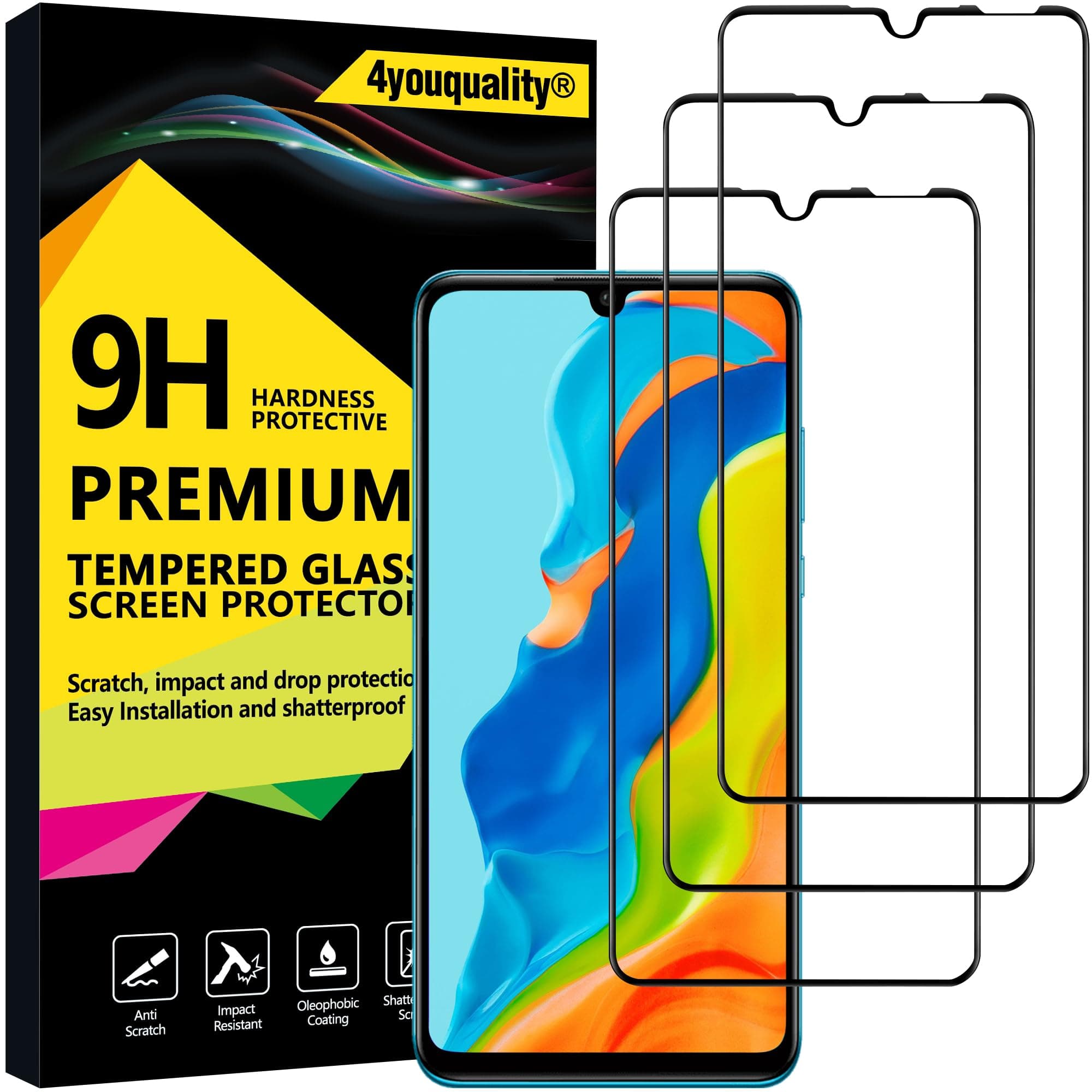 4youquality [3-Pack[Full Coverage] Screen Protector for Huawei P30 Lite, Tempered Glass Film [Full-Coverage][LifetimeSupport][Anti-Scratch][Anti-Shatter]