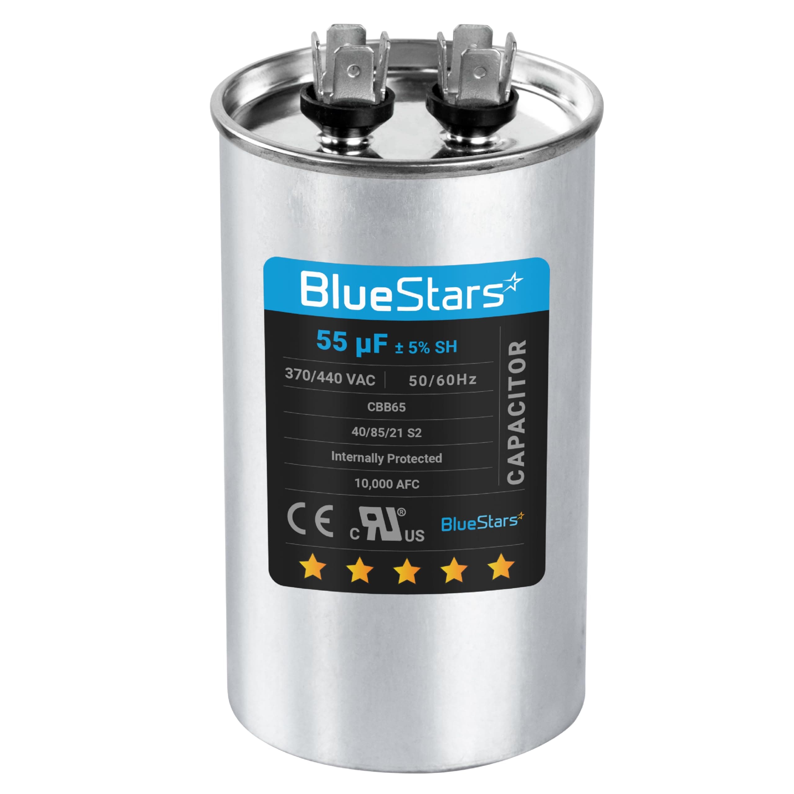 55 uF/MFD 370-440VAC Round Run Start Capacitor Replacement Part by Blue Stars - Exact Fit for AC Motor Run or Fan Start and Cool or Heat Pump Air Conditioner