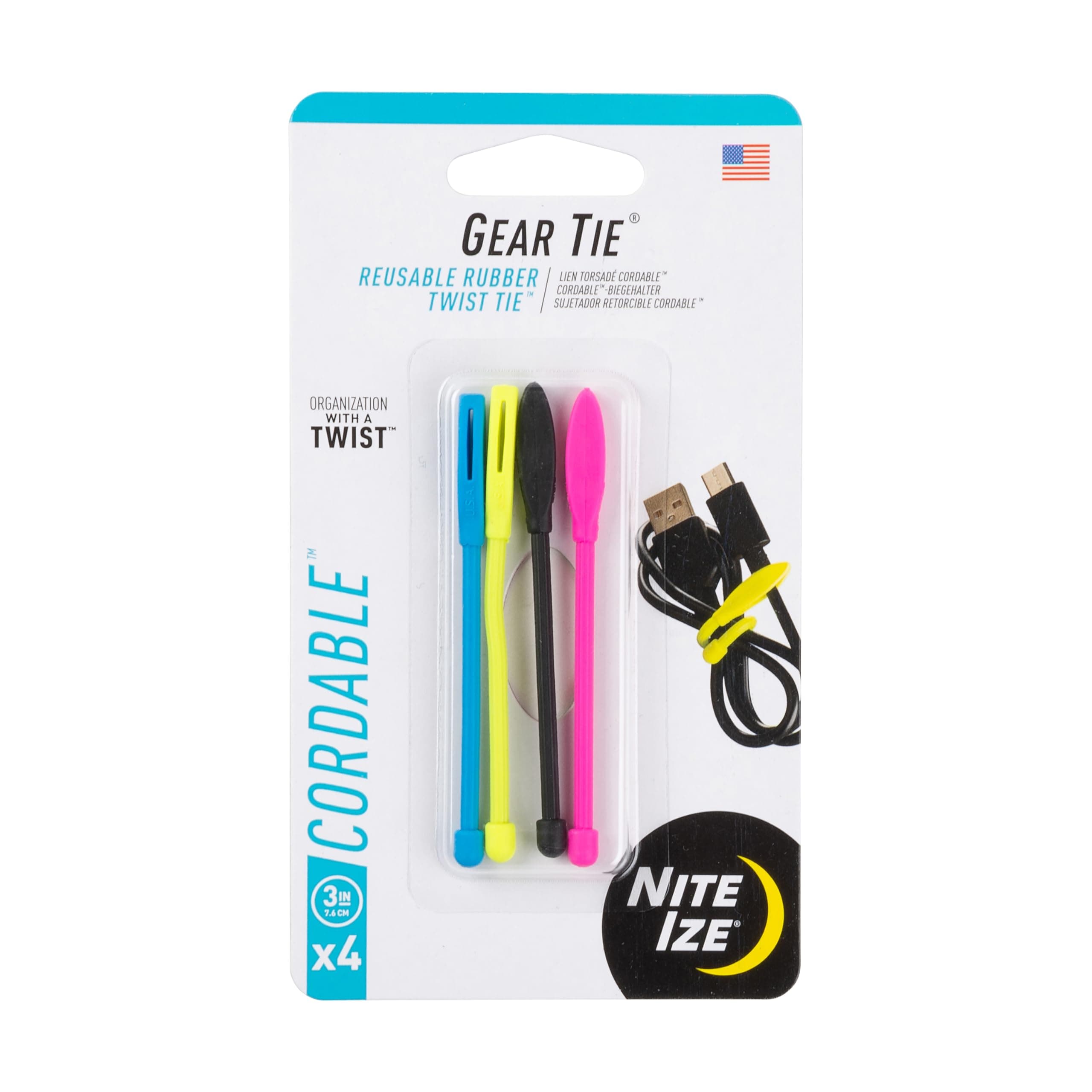 Nite IZE Gear Tie Cordable Twist Tie 3" - 4 Pack - Assorted