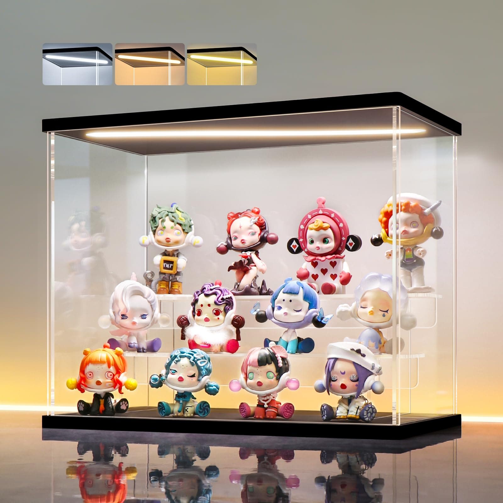 Clear Acrylic Display Case with Light, Assemble 3 Tier Display Box Stand with Black Base, Dustproof Protection Showcase for Collectibles Memorabilia Figurines (11.8x6.3x9.4inch; 30x16x24cm)