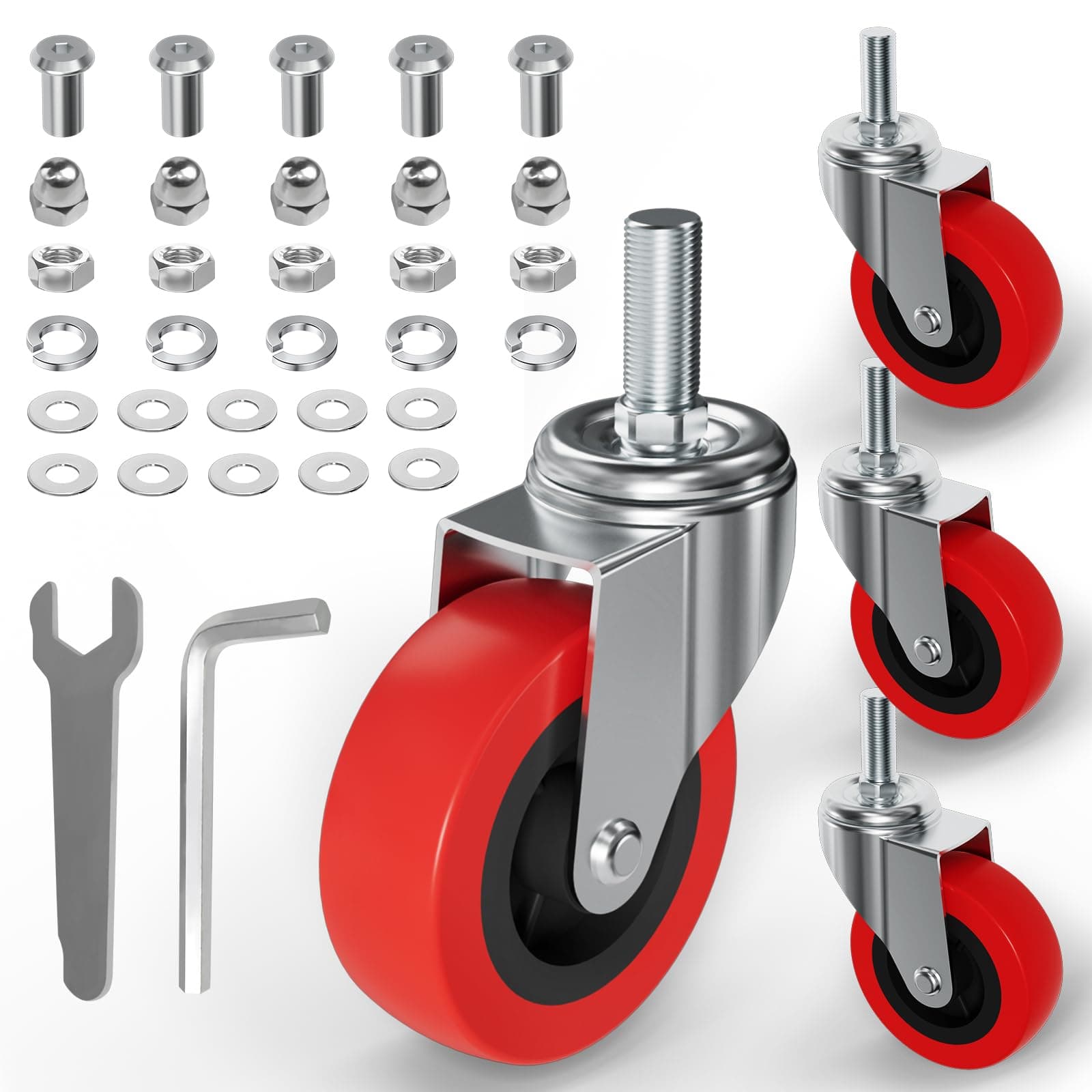 MySit 4 Pack Creeper Wheels 2.5 Inch Heavy Duty Swivel Caster Wheel Creeper Service Cart Stool Post Mount, M10 (Around 3/8") x 1" Metric Threaded Stem Casters Wheels Replacement