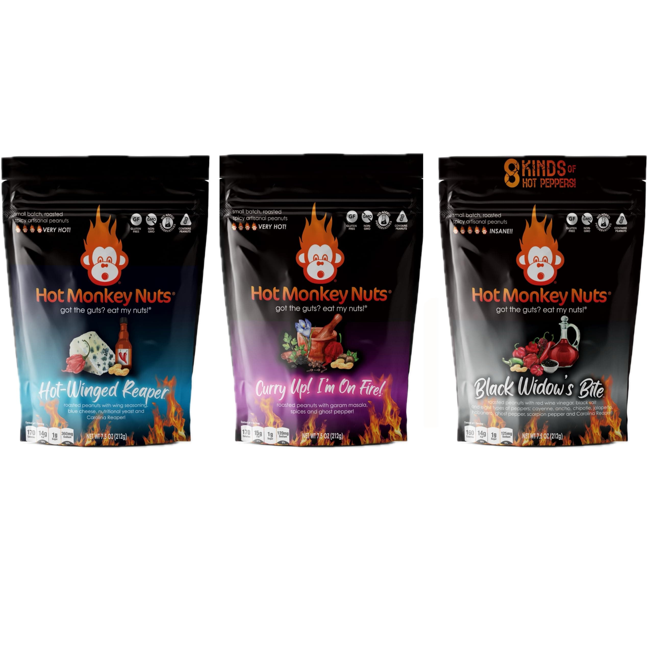 3-Pack Spiciest Peanuts | Black Widow's Bite, Hot-Winged Reaper, and Curry Up! I'm on Fire - Spicy Nuts - 3 Hottest Flavors | Hot Monkey Nuts Spicy Artisanal Peanuts