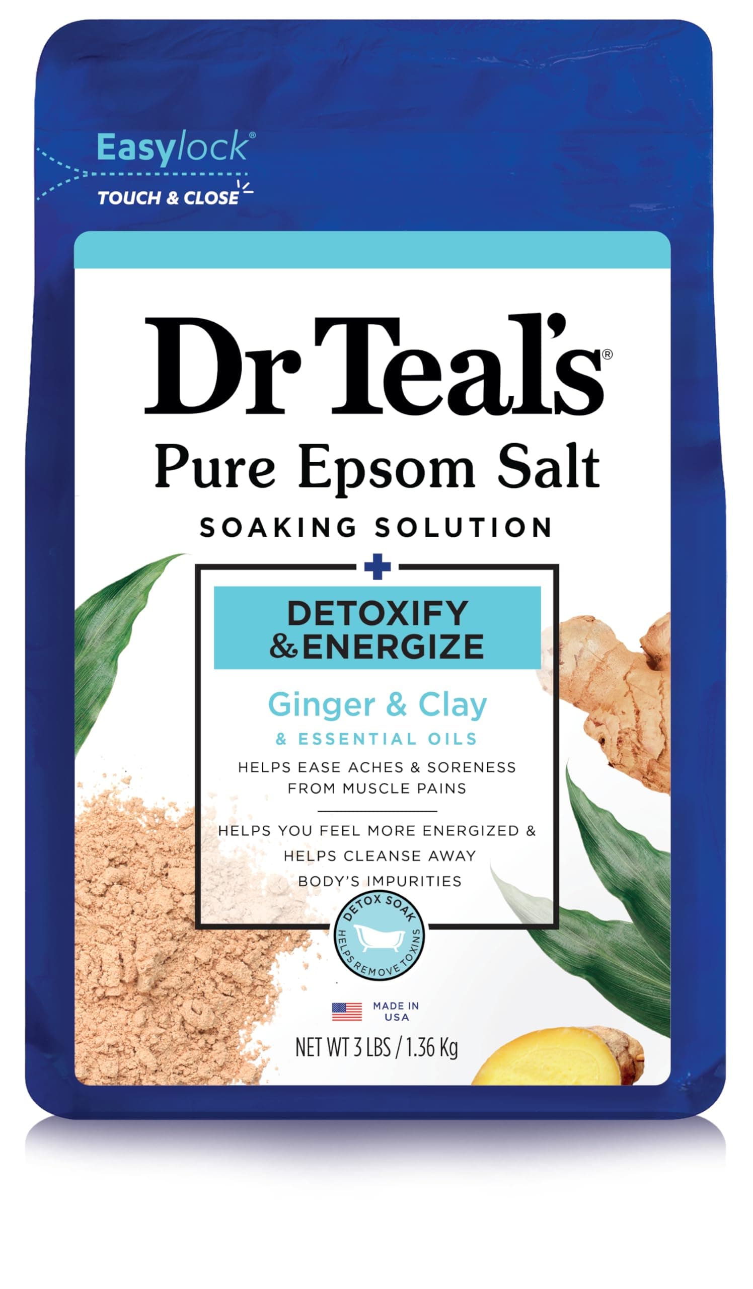 Dr Teal'S Pure Epsom Salt Soaking Solution To Detoxify And Energize With Ginger And Clay, 1.36 Kg