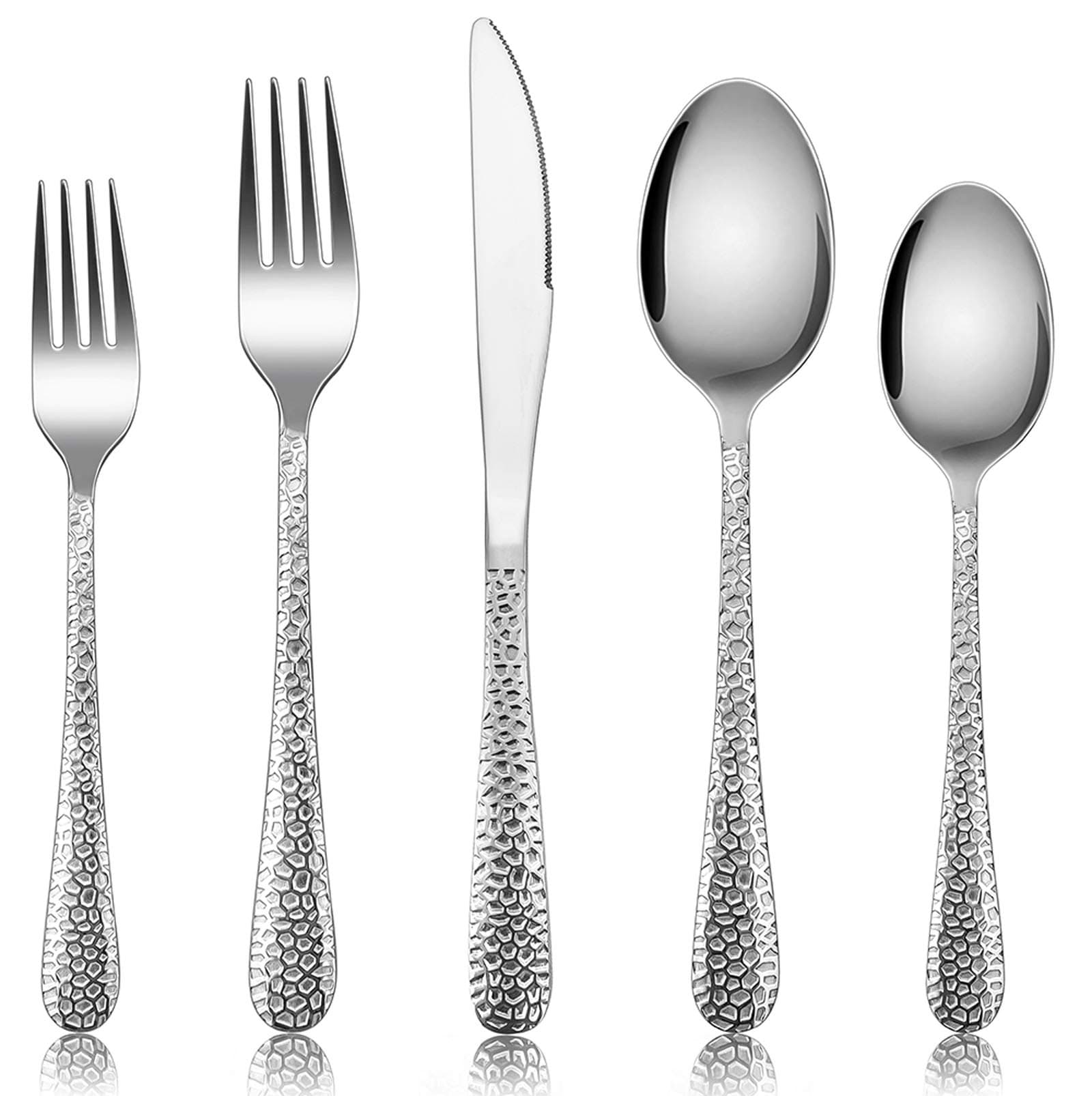 E-far Hammered Silverware Set for 8, 40-Piece Stainless Steel Flatware Cutlery Set, Includes Knives, Forks, Spoons, Modern Design & Mirror Polished - Dishwasher Safe