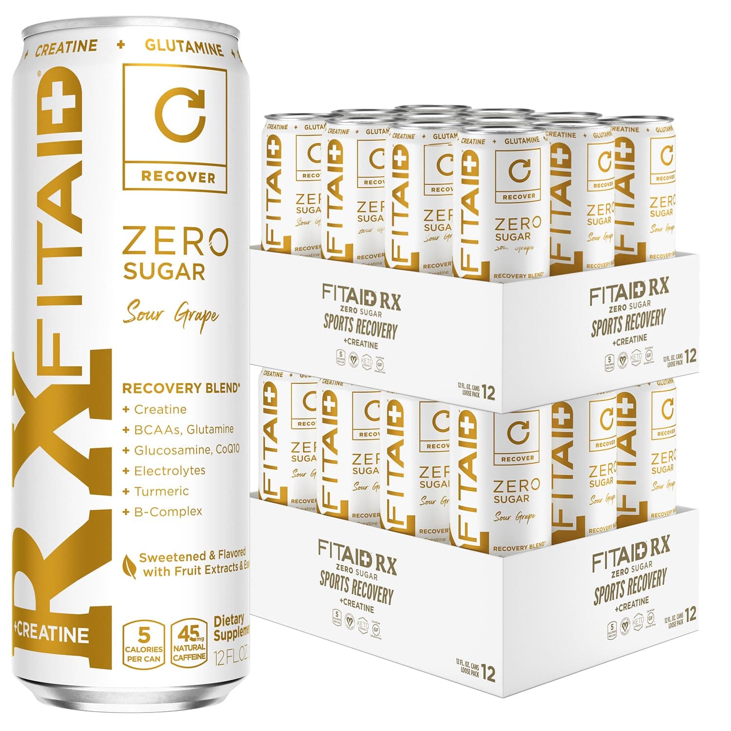 - FITAID RX Zero, Creatine Monohydrate, 5 Calories, Keto-Friendly Post-Workout Recovery Drink, BCAAs, L-Glutamine, Turmeric, Electrolytes, B-Complex, 12 Fl Oz (Pack of 24)