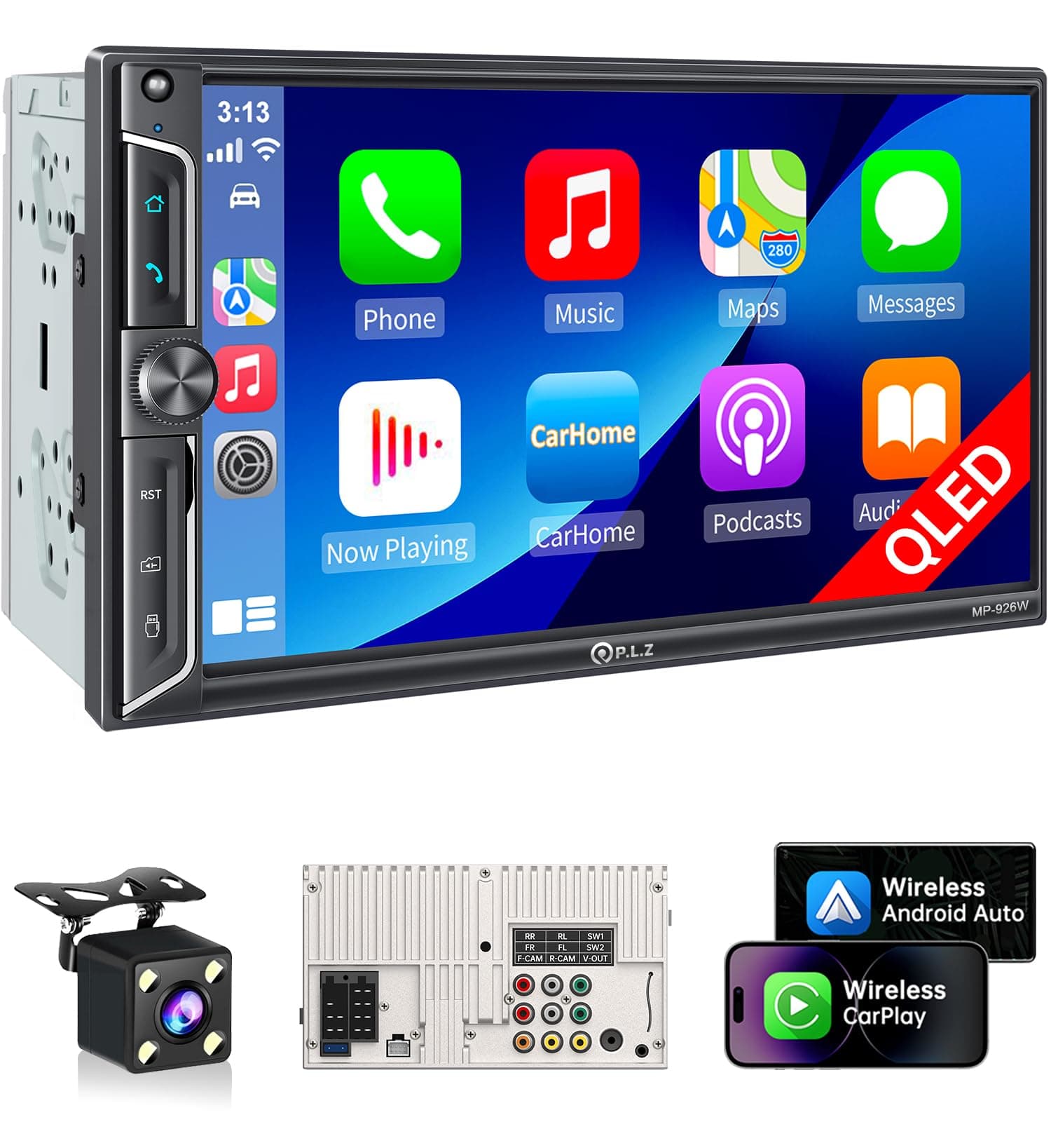 [Upgrade] PLZ Wireless Apple Carplay and Android Auto with 2.5K Dash Cam, Portable 7" HD IPS Screen, 1080P Backup Camera, GPS Navigation, Bluetooth, AirPlay, MirrorCast, AUX/FM Transmitter