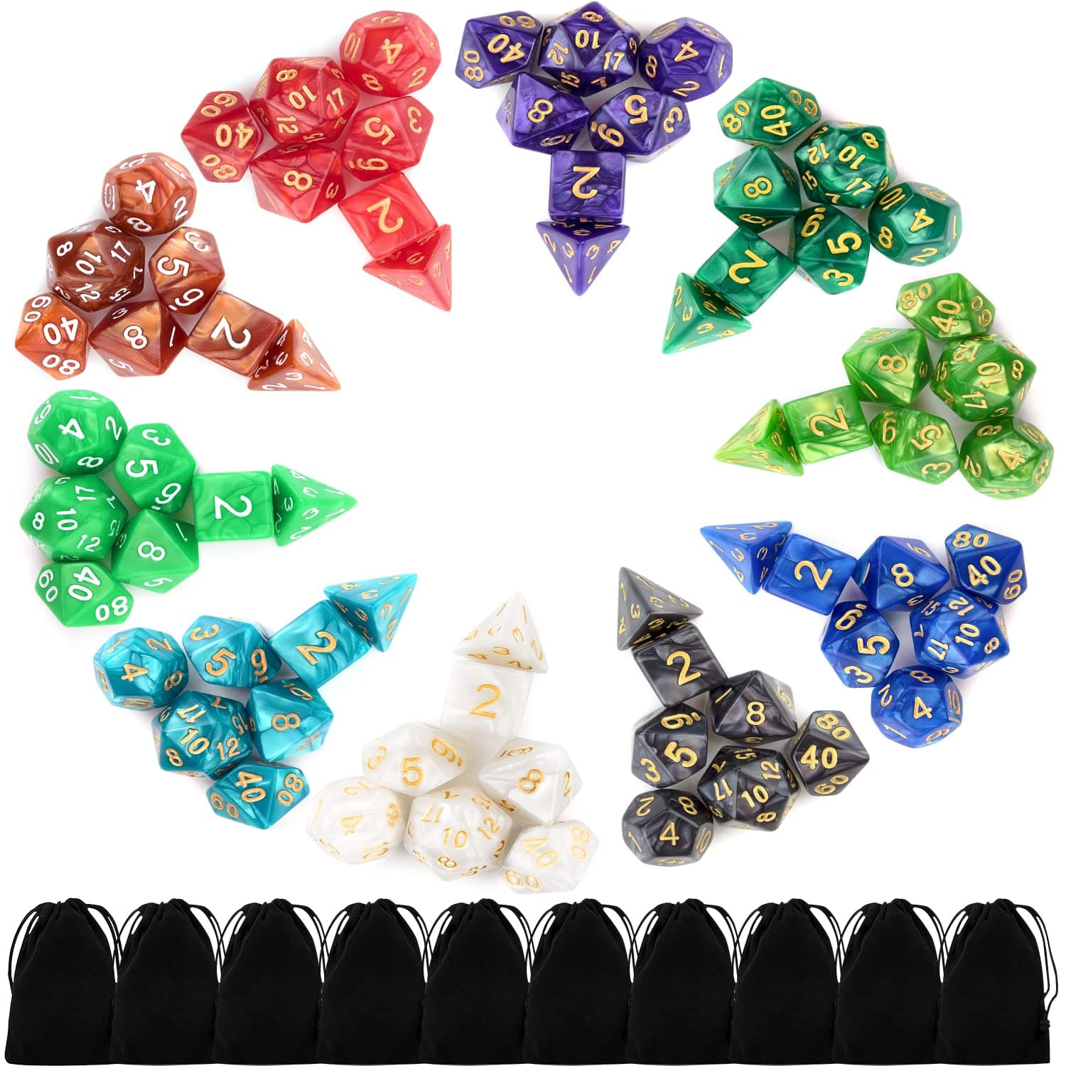 Awpeye 10 X 7 Polyhedral Dice Set (70 Pieces) for Dungeons and Dragons DND RPG MTG Table Games D4 D6 D8 D10 D% D12 D20 with 10 Pack Black Bags, 10 Colors