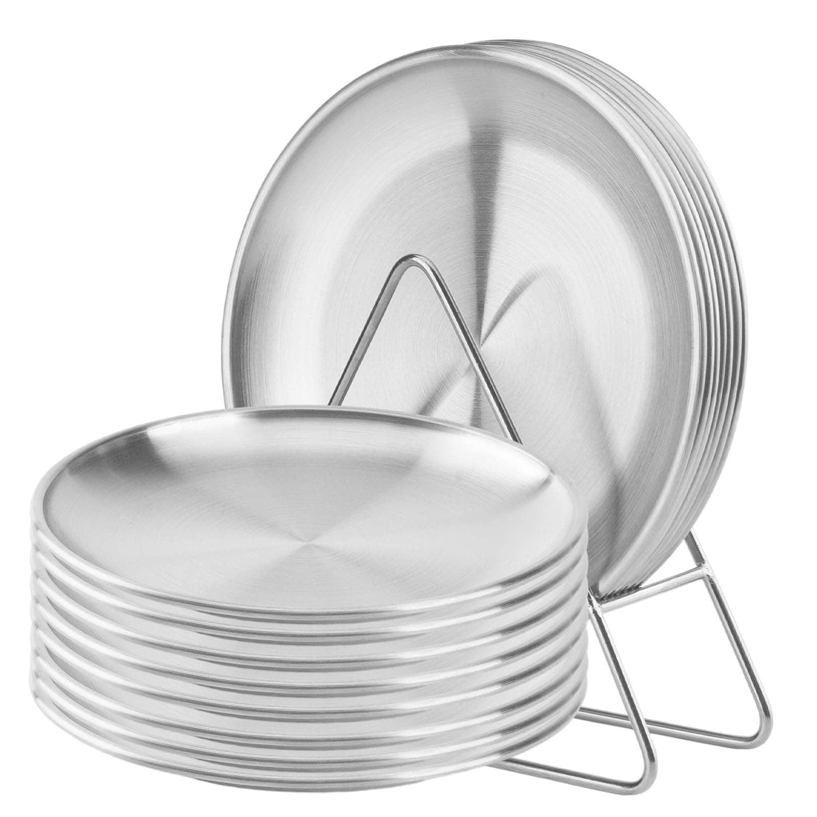 8-piece 6.5-inch appetizer plate with stand set Gold silver stainless steel round plates Suitable for cakes desserts, salads, dips, snacks, side dishes (Silver, 7.8inch)