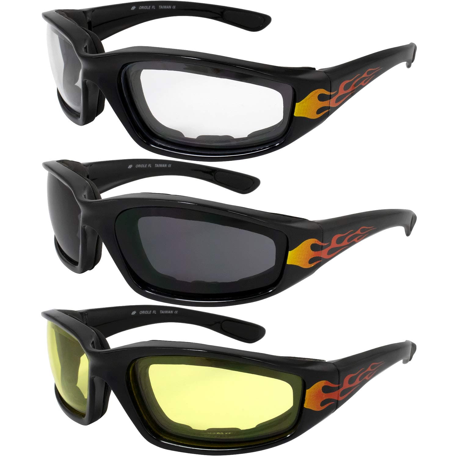3 Motorcycle Flame Sunglasses Glasses Padded Black frames with Fire on sides, lenses that are shatter resistant polycarbonate, rated UV400 Anti-Fog coated each lens Clear Smoked Yellow Each comes with
