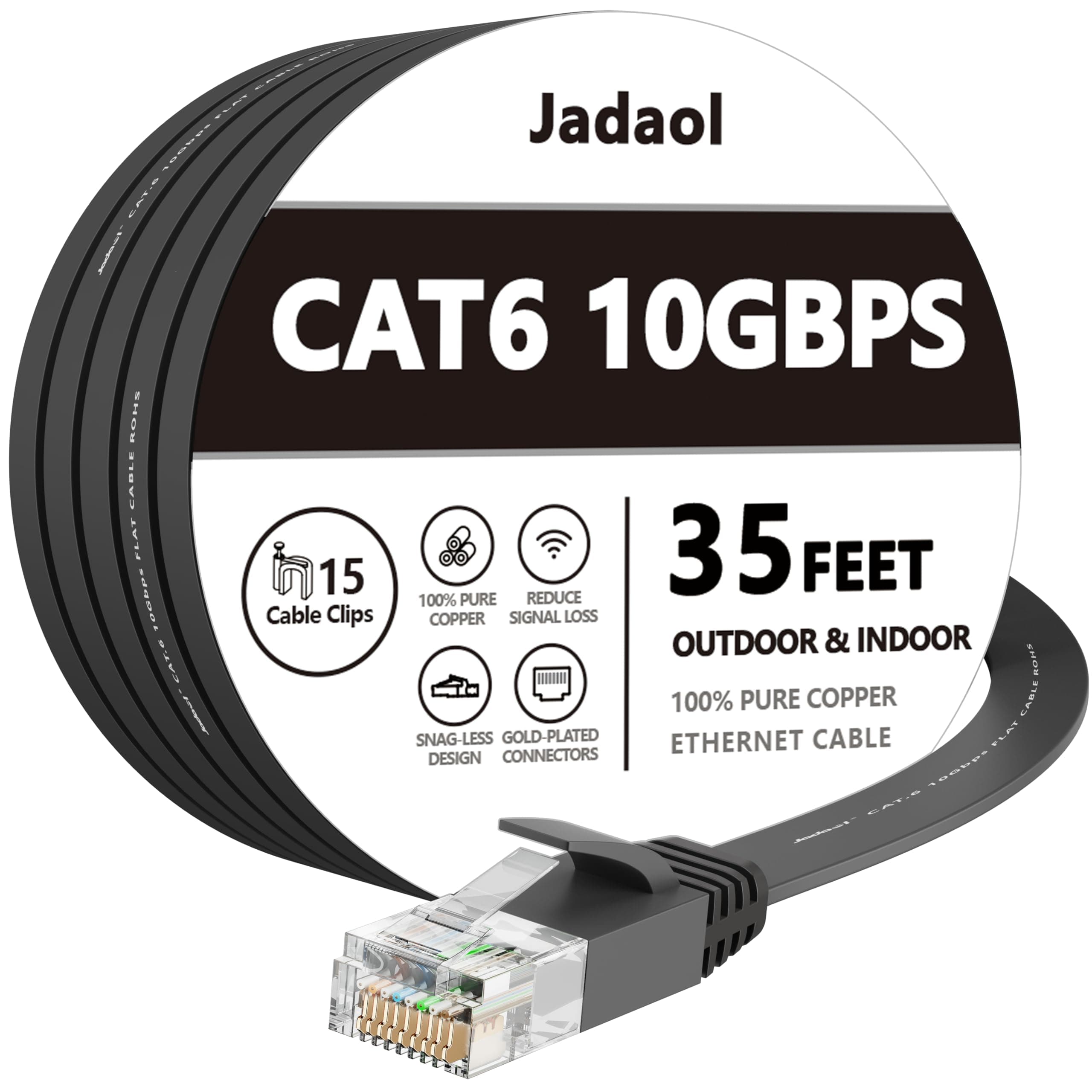 Ethernet Cable Cat6 Flat 35 ft with Cable Clips, jadaol Network Patch Cable with Rj45 Connectors - 35 Feet Black (10 Meters)