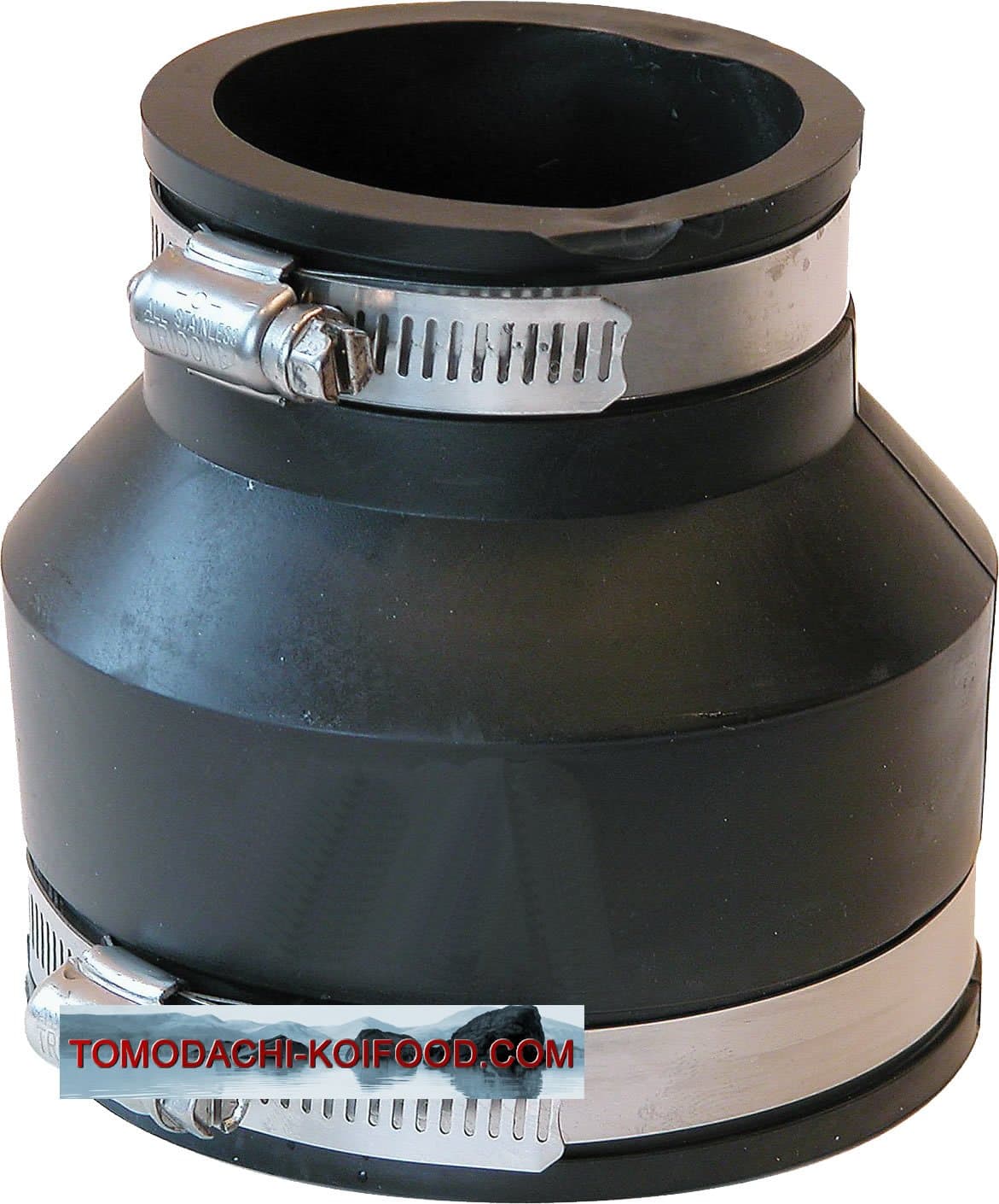PVC rubber reducer, flexible reducer, flex-fitting for connection of two pipes of different sizes, flex-fitting of PVC elastomer for pond piping, pump installation, repair or refurbishment of leaking pipe points in the home, garden and on the Koi pond, flexible rubber reduction.