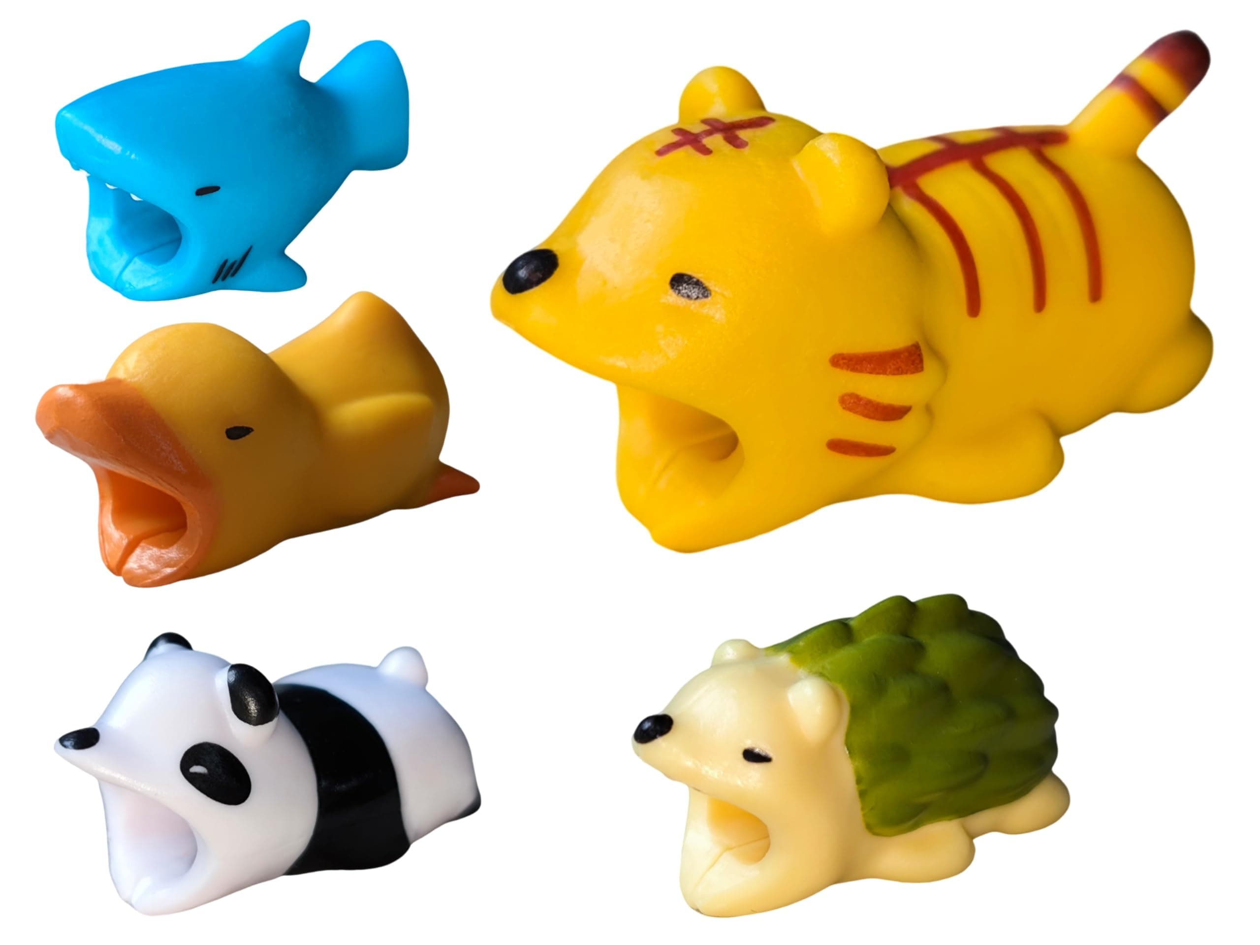 X5 Cable Protector 5Pack (Panda + Tiger + Hedgehog + Shark + Duck) Compatible for iPhone Cable Bite Animals Data Cord Saver (Cable Protector-A)