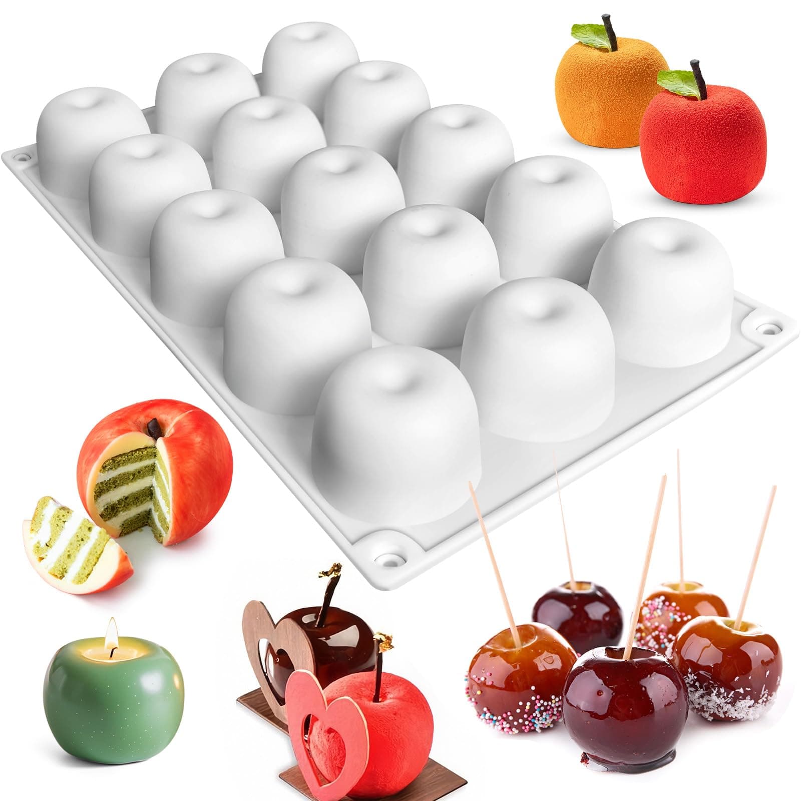 Apple Silicone Mold, 15-Cavity Shape Mousse Cake Molds, 3D Fruit Ice Cream Candy Molds, Non-Stick Sphere Silicone Molds for Chocolate French Fruit Cake Decoration