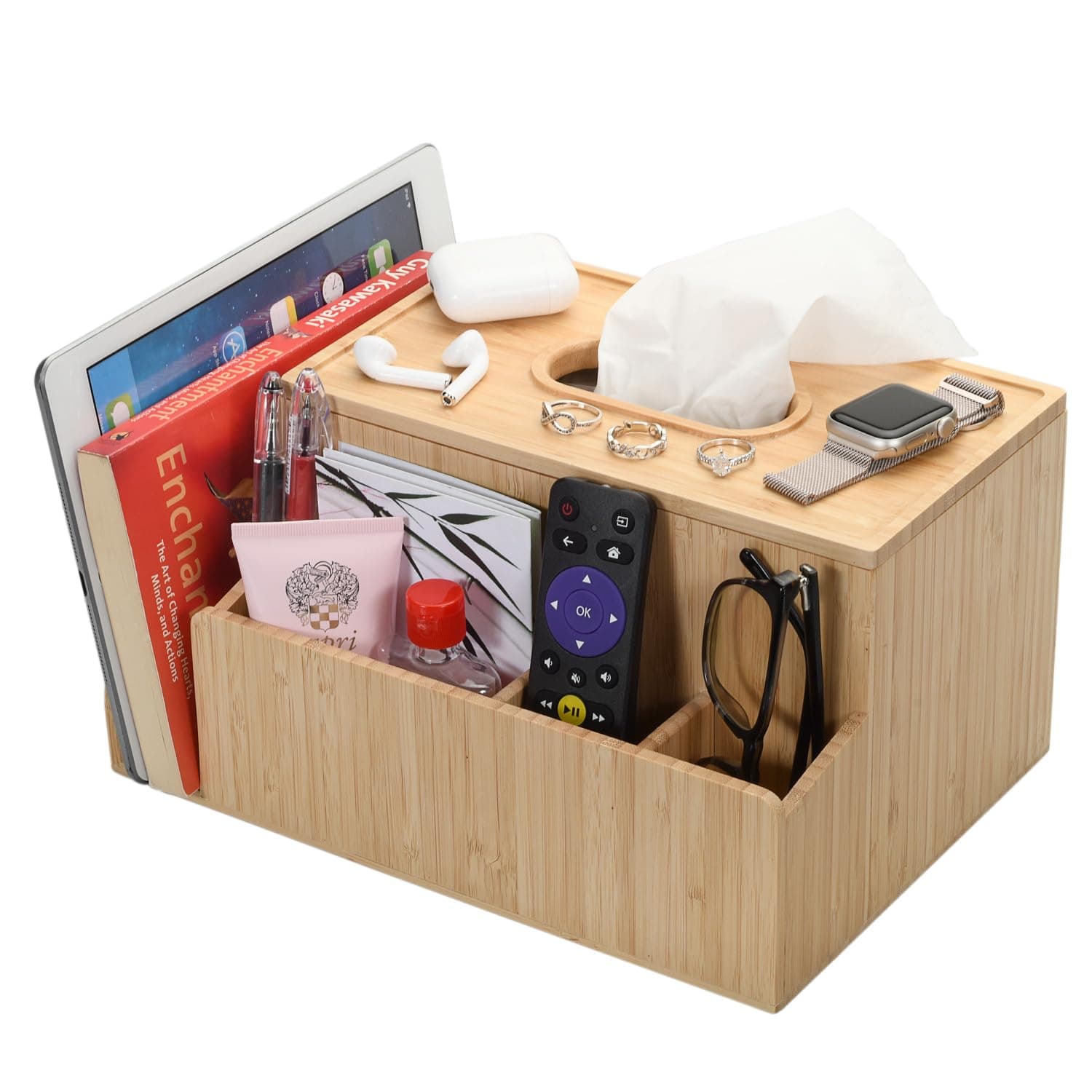 MV Bamboo Tissue Box Holder & Tablet Stand Organizer