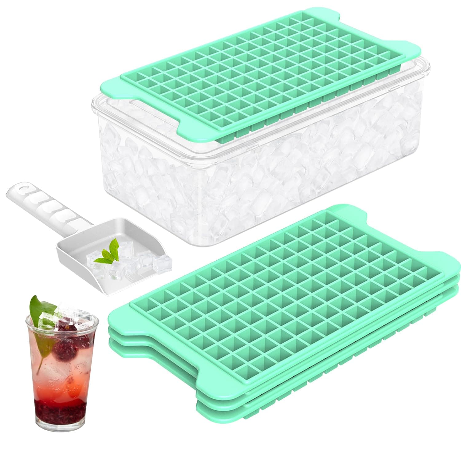 Ice Cube Tray for Freezer with Lid and Bin, Easy Release Nugget Ice Cube Trays 4 Pack Small Ice Tray, Crushed Ice Cube Trays with Container for Chilling Cocktail Tea Coffee Mini Ice Cubes