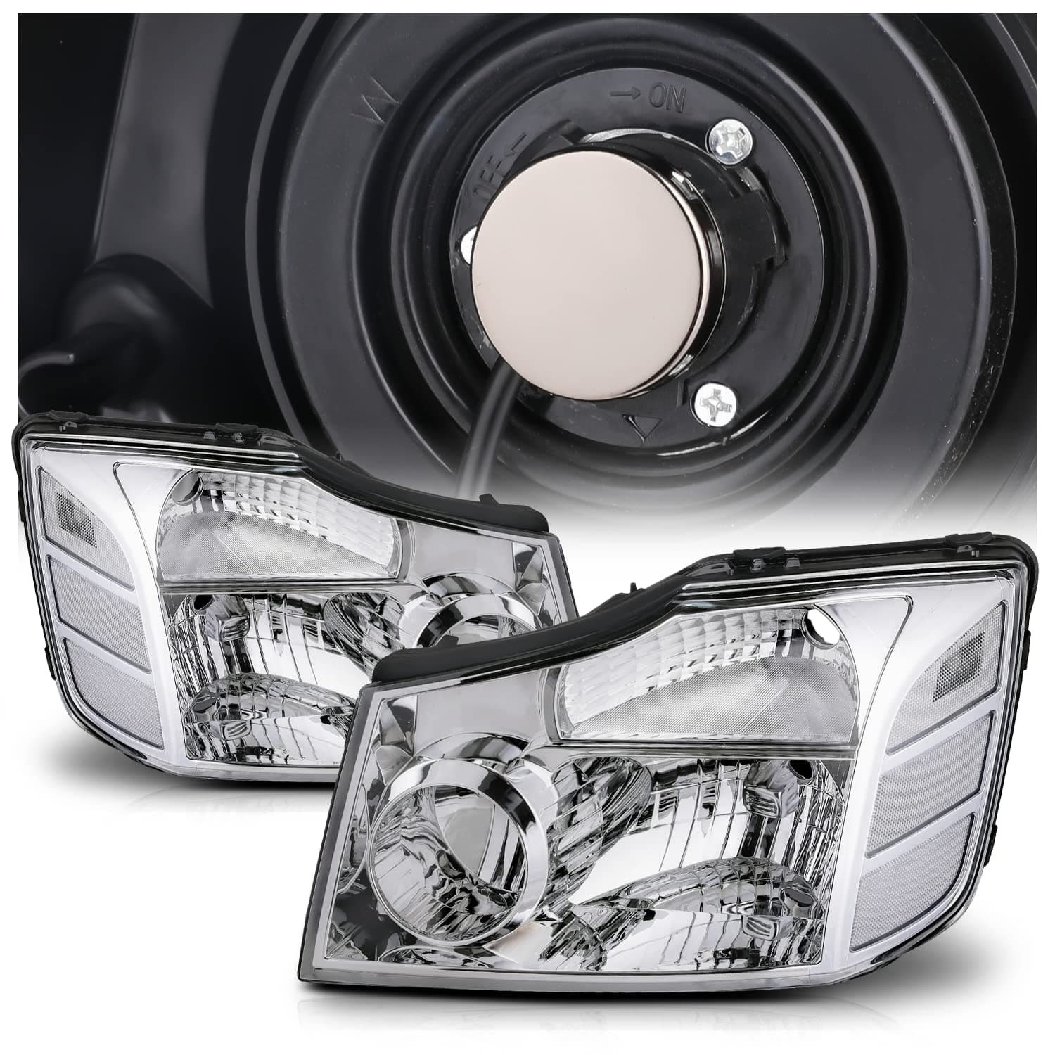 M-AUTO OE Style Chrome Headlight Assembly w/ 4 PRE-ASSEMBLED 6000K LED BULBS Replacement for 04-15 Nissan Titan / 2004 2005 2006 2007 Armada