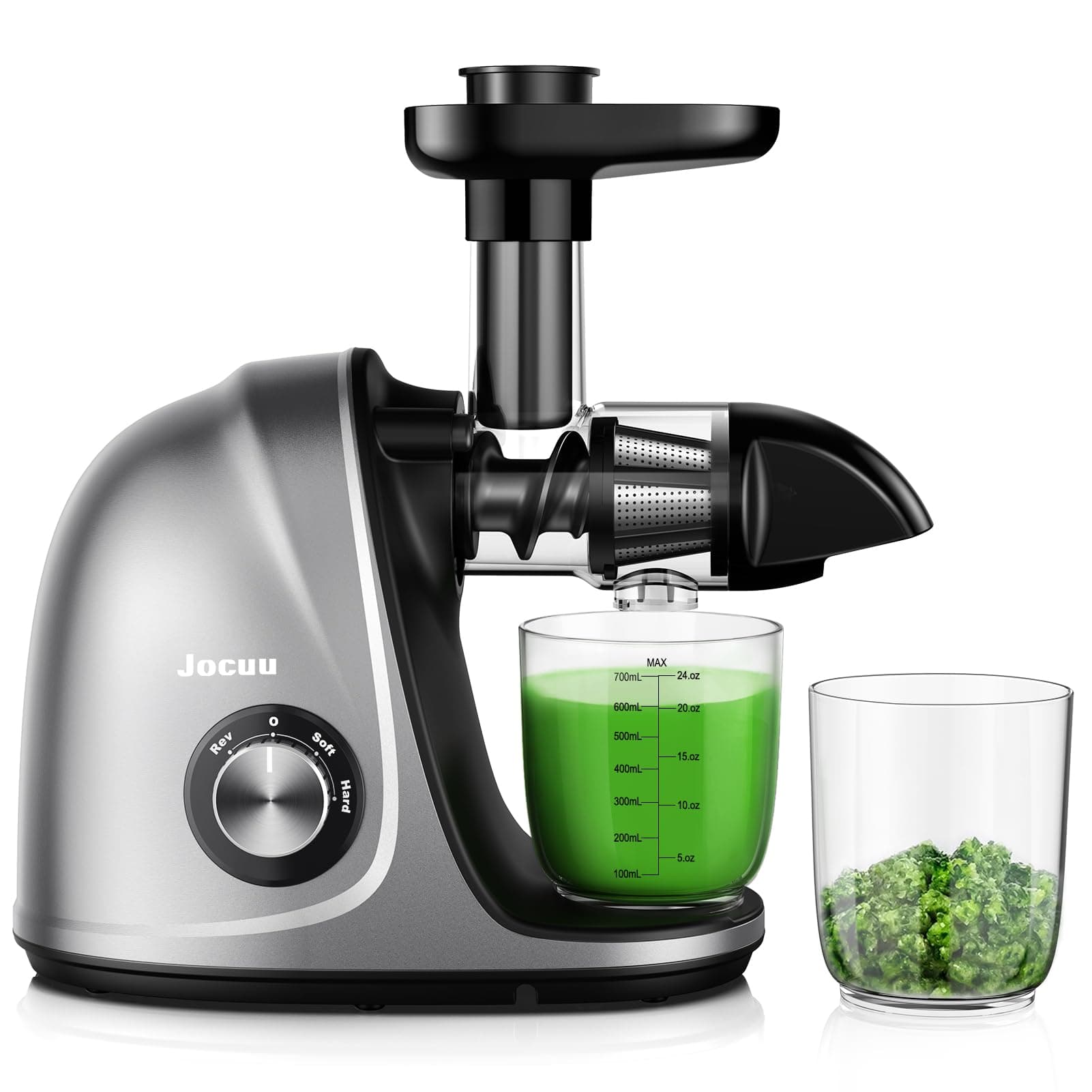 Jocuu Slow Masticating Juicer Machines with Soft Hard Modes Easy to Clean Quiet Motor & Reverse Function, Cold Press Juicer for Fruit & Vegetable, 90% Juice Yield, with Brush & Recipes (Grey)