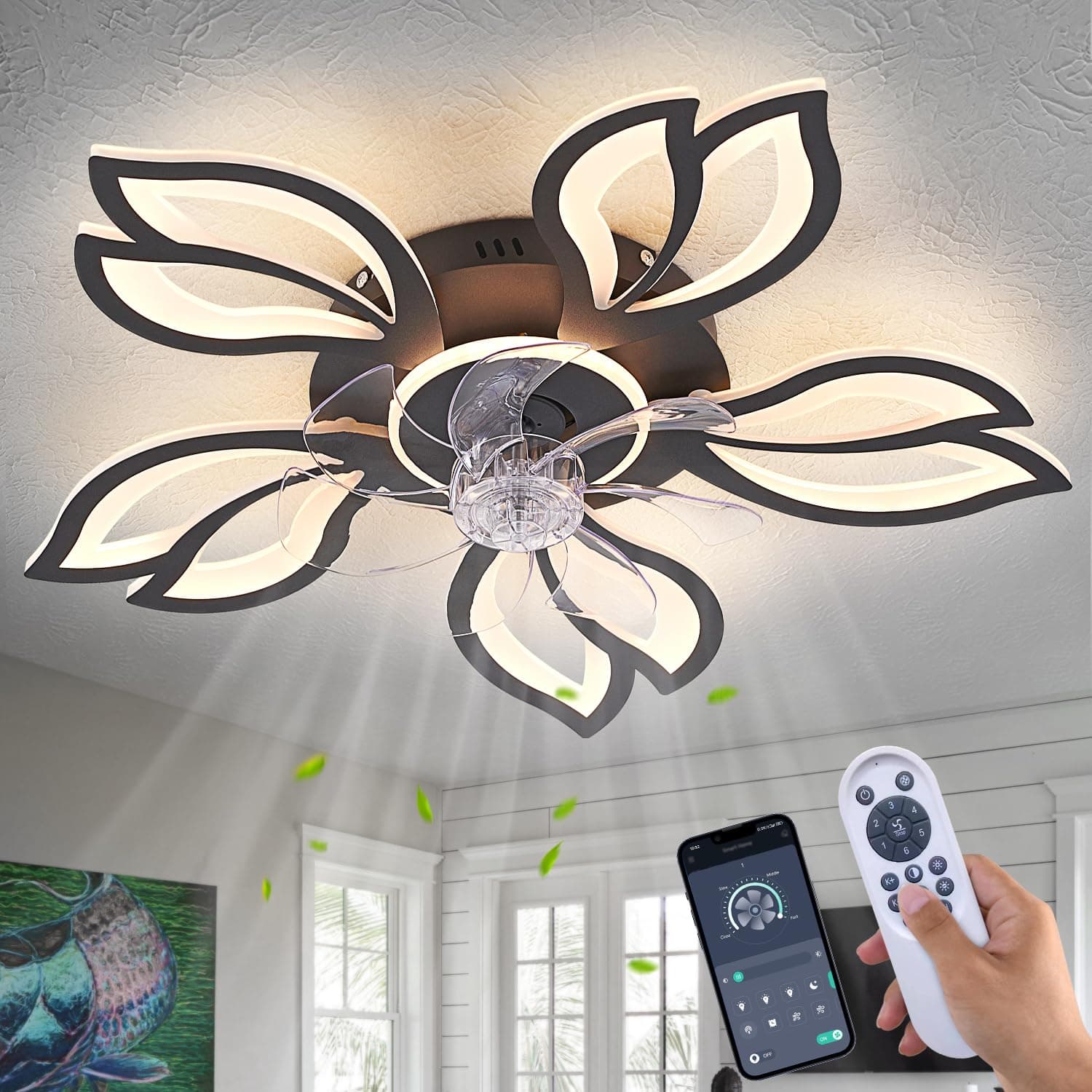 Ceiling Fan with Lights Remote Control, 26" Black Low Profile Ceiling Fan with Light, Modern Leaf Geometric Flush Mount Ceiling Fan for Kitchen Bedroom