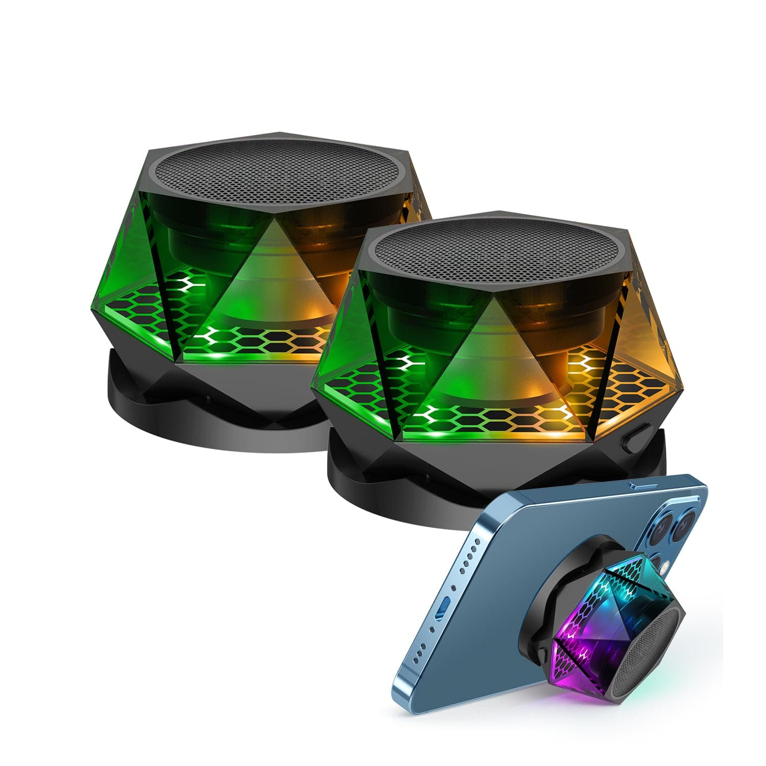 EGKimBaMagnetic Diamond Bluetooth Speaker, Small Wireless Speaker with Multi RGB Color Light Show, Portable Phone Stand for iPhone, Android, TWS Pairing- 2 Pieces