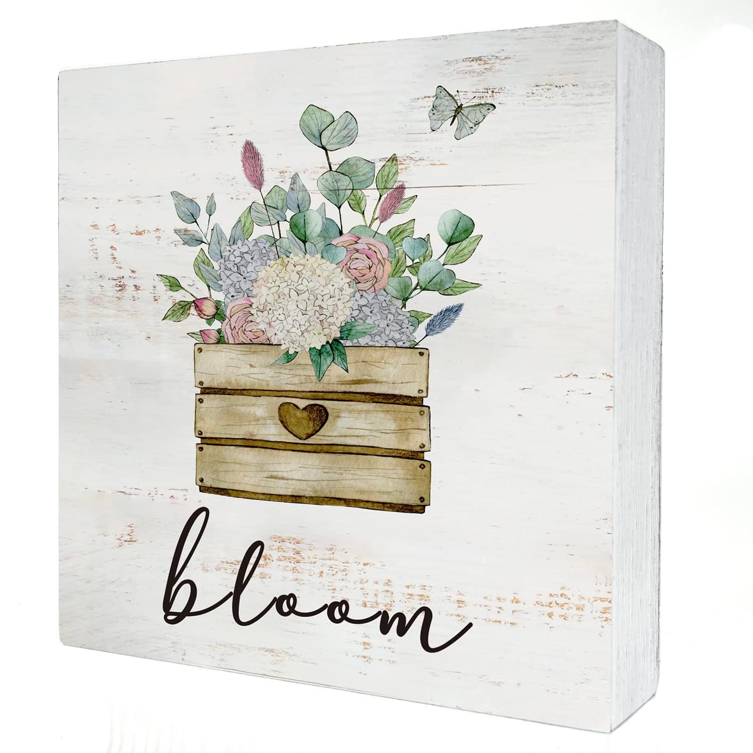 Bloom Wood Box Sign Home Decor Rustic Spring Flowers Bloom Wooden Box Sign Block Plaque for Wall Tabletop Desk Home Decoration