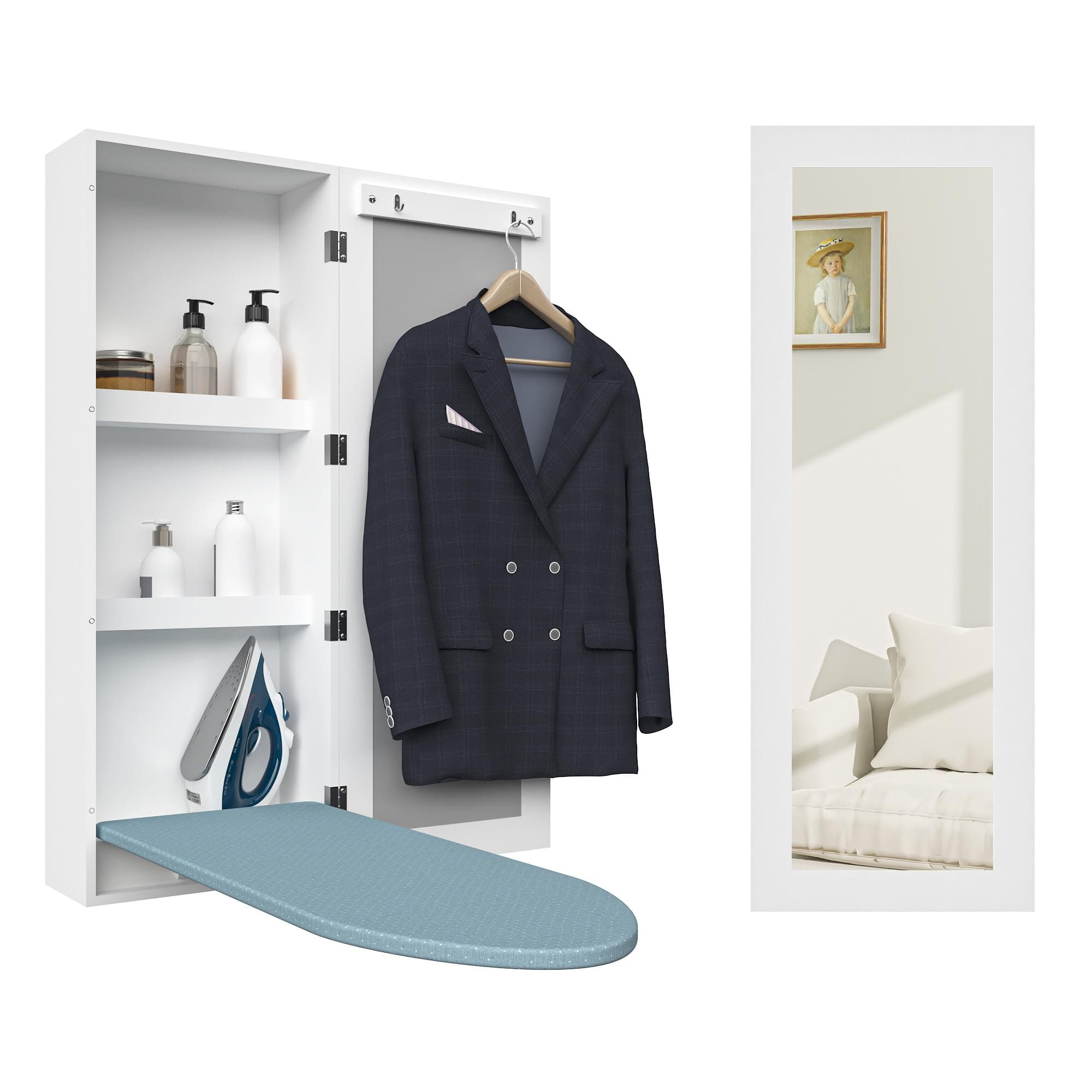 Wall Mounted Ironing Board Cabinet, Built in Foldable Ironing Board Closet with Storage, Mirror Door, White