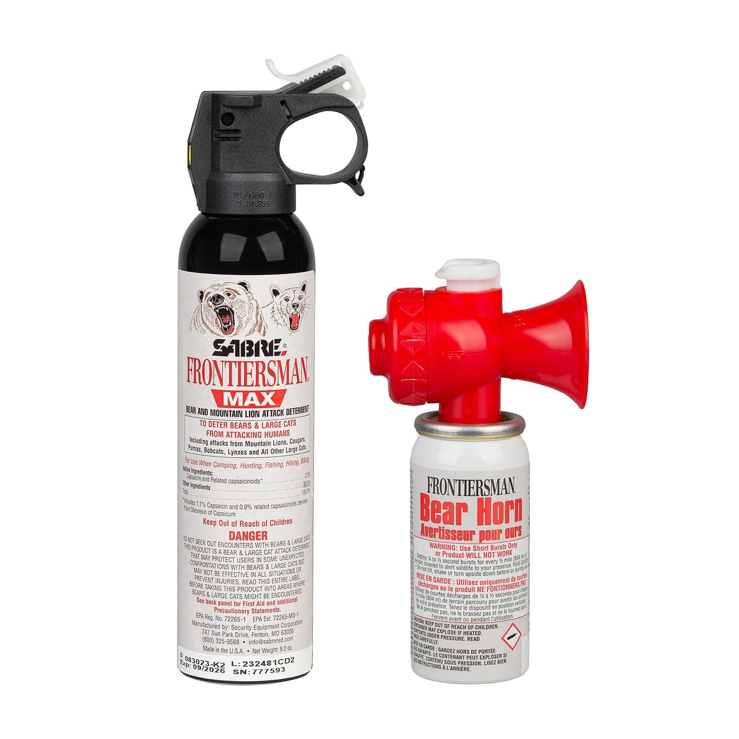 Frontiersman MAX 9.2 oz. Bear & Mountain Lion Attack Deterrent, Up to 40 ft Range, Contains 2% Major Capsaicinoids + Frontiersman Bear Horn (FBH-LT-AMZ) Kit, Glow-in-The-Dark Safety