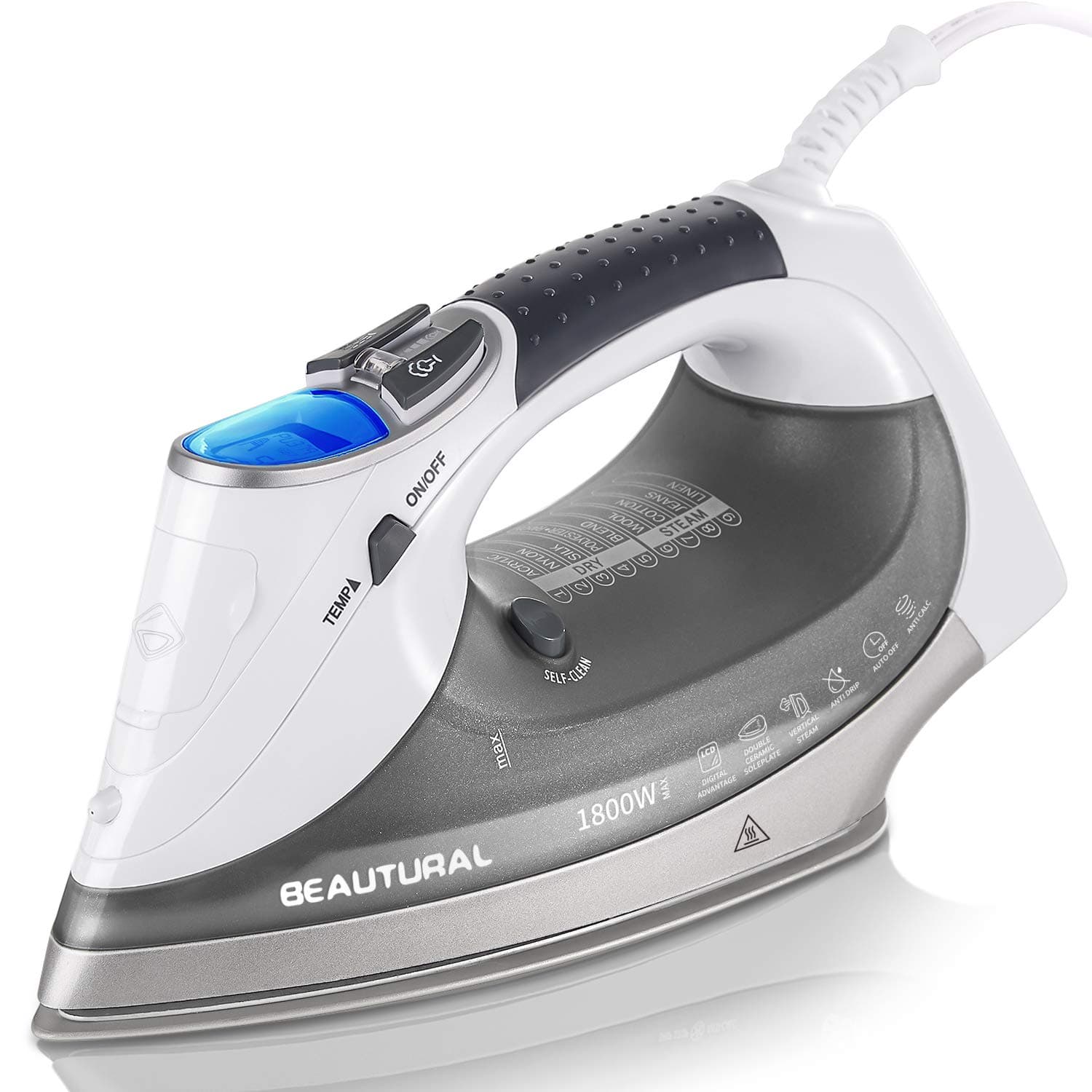 BEAUTURAL Variable Temperature and Steam Iron with LCD Display, Double Ceramic Coated Soleplate,6.2ft Power Cord and 340ml Tank-White/Grey,1800W