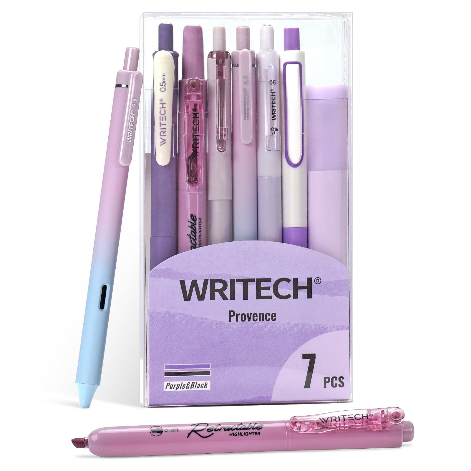 WRITECH Gel Pen, Journaling, Highlighter, Journal Set, Aesthetic, Assorted Pastel Color Ink, 0.5mm, Fine Point, Retractable, 0.7mm, Black Pen, Smooth Writing, Drawing, Smudge-free, 7ct (Purple)