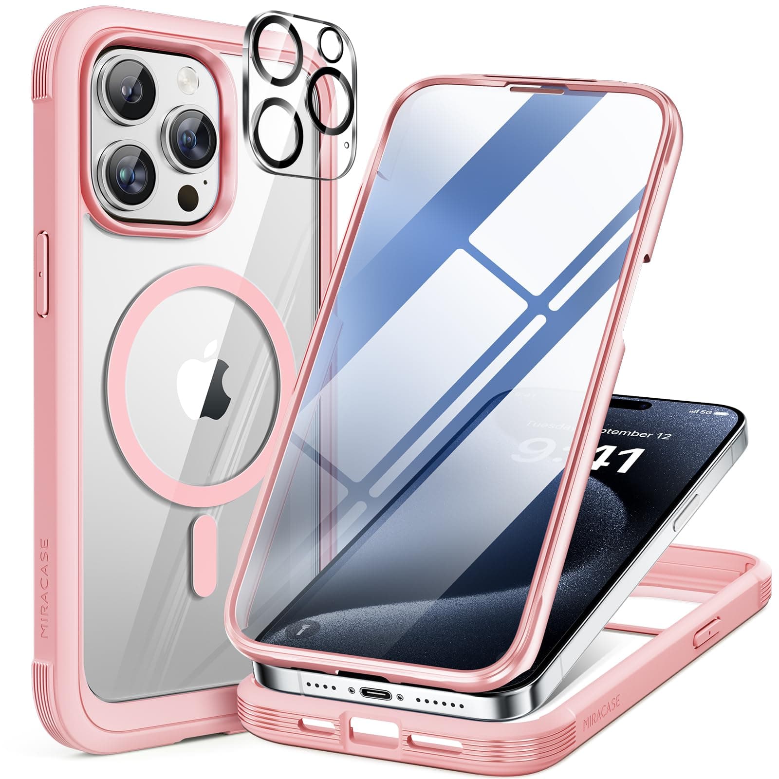 Miracase Magnetic for iPhone 15 Pro Case [Compatible with MagSafe] Full-Body Phone case with Built-in Glass Screen Protector& Camera Protector, Military Drop Proof 15 Pro Cover, Magnetic Pink