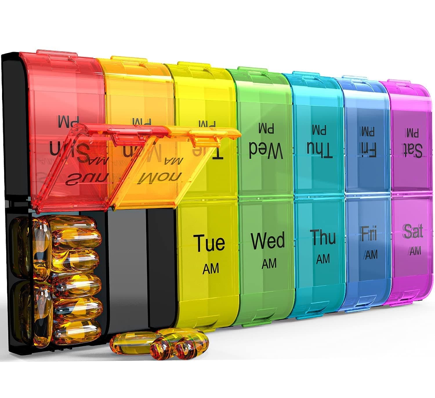 Extra Large Pill Organizer 2 Times a Day, Weekly XL AM PM Pill Case, 7 Day Pill Box Twice a Day, Oversized Daily Medicine Pill Organizer for Vitamins, Big Pill Container, Medication Dispenser Rainbow